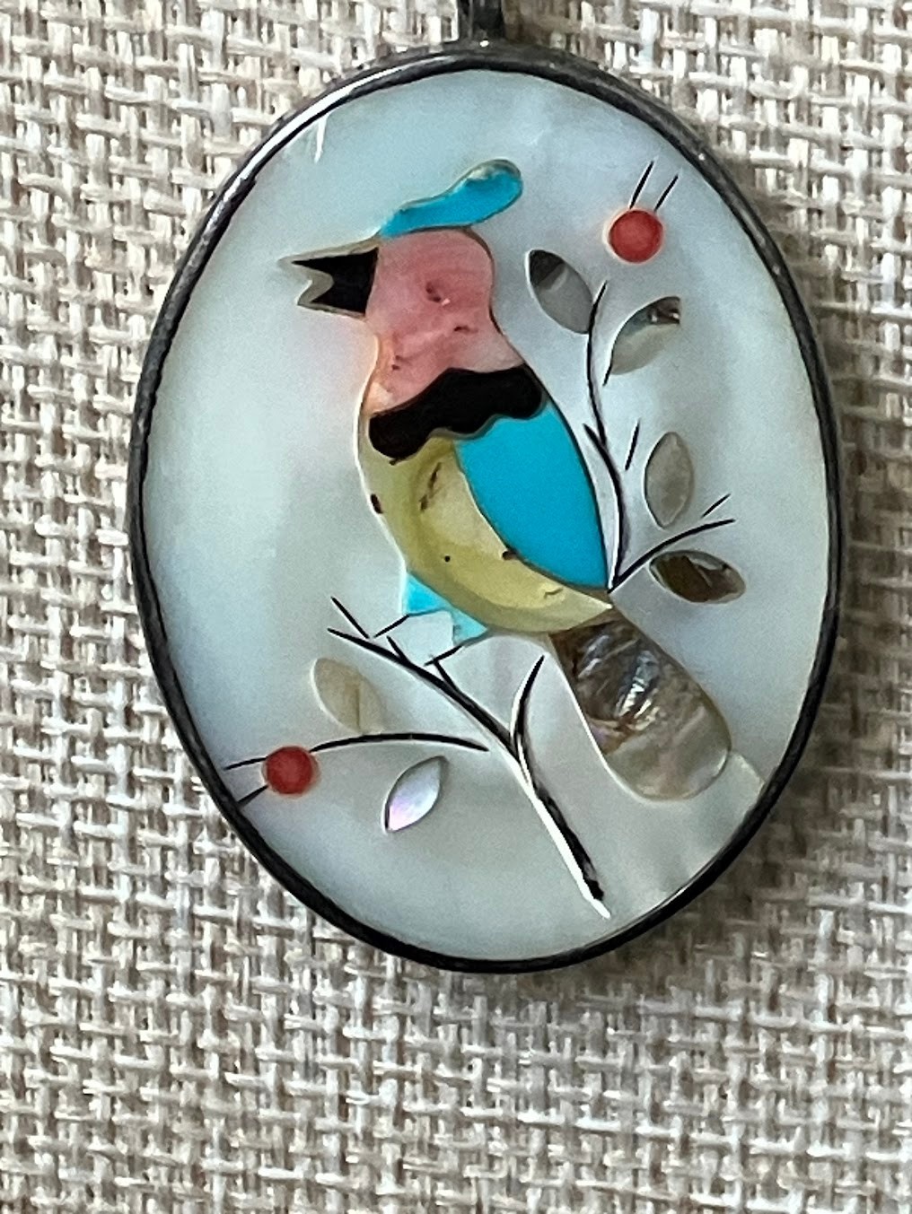 Vintage Multi Stone Inlay Pendant Bird Mother of Pearl Sterling Signed READ