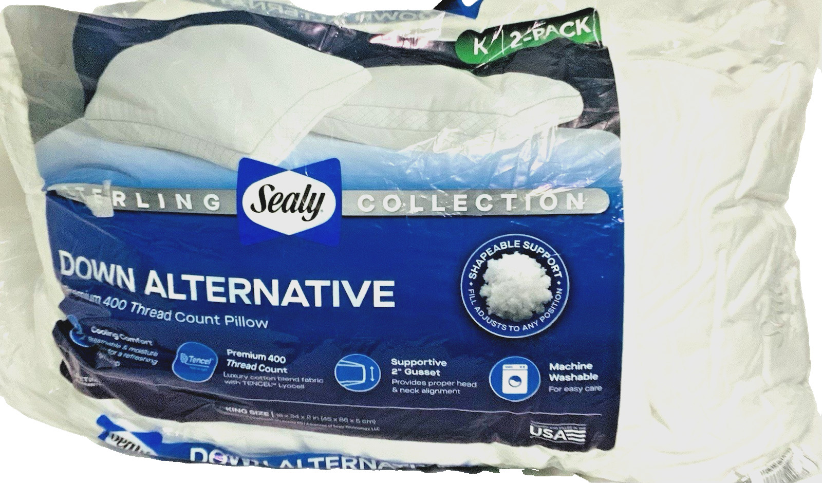 Sealy Sterling Collection 400 TC Down-Alternative Pillow, 2-PCS White -King
