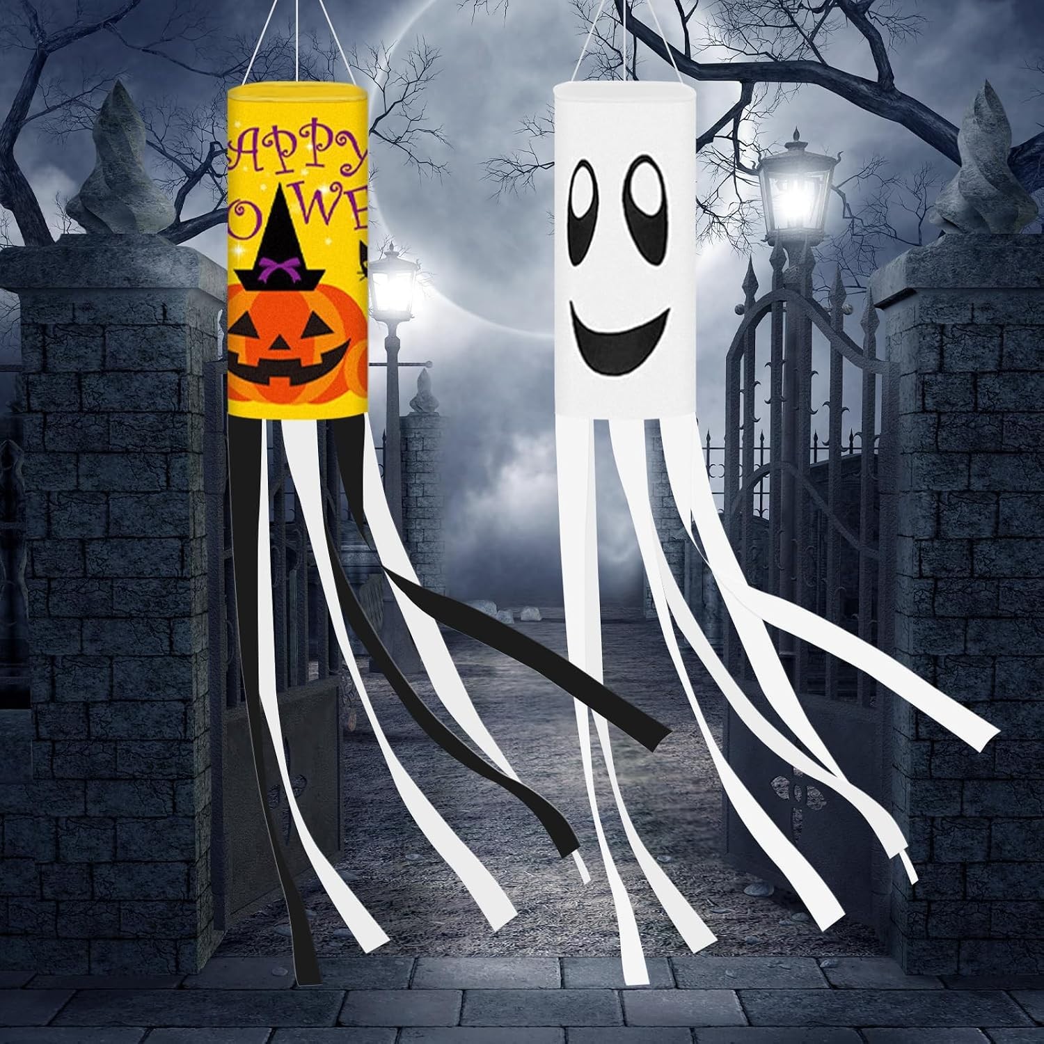 2 Pack Halloween Ghost & Pumpkin Windsock Outdoor Tree Hanging Multi Color 2 Pack Halloween Ghost & Pumpkin Windsock Outdoor Tree Hanging Multi Color