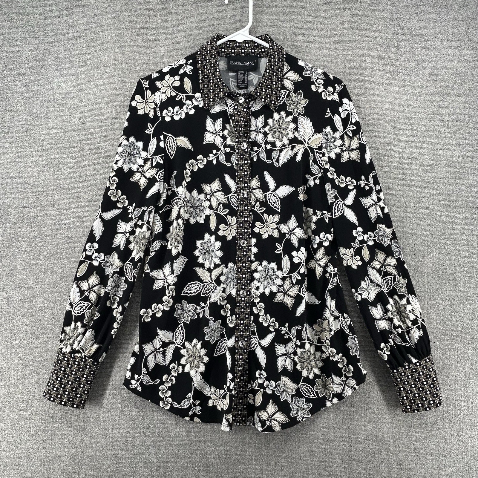 Frank Lyman Blouse Top Women Size 6 Black Floral Button Up Casual