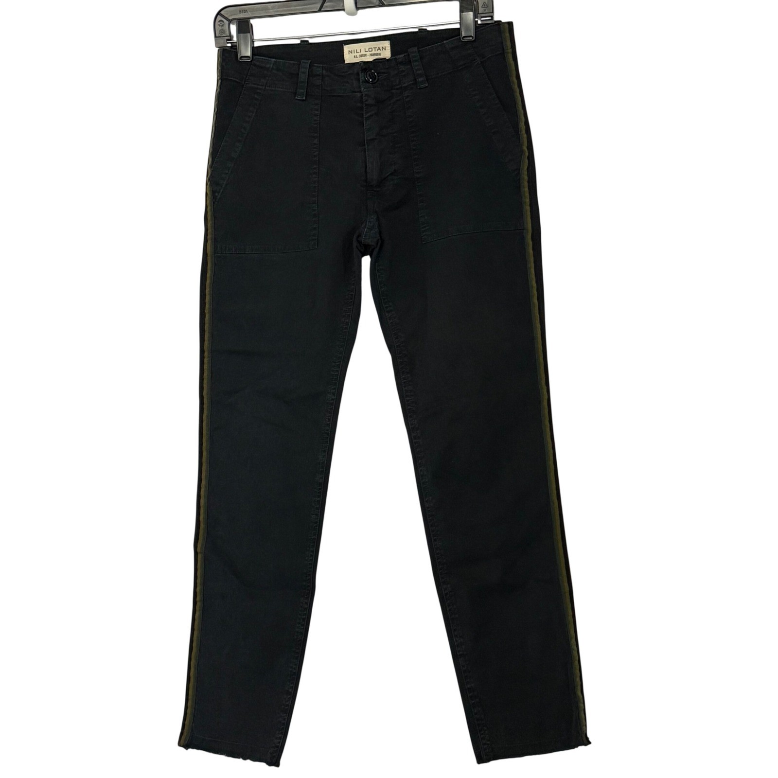 Nili Lotan Jenna Twill Pants in Grosgrain Tape Stripe Mid Rise Straight Leg - 0