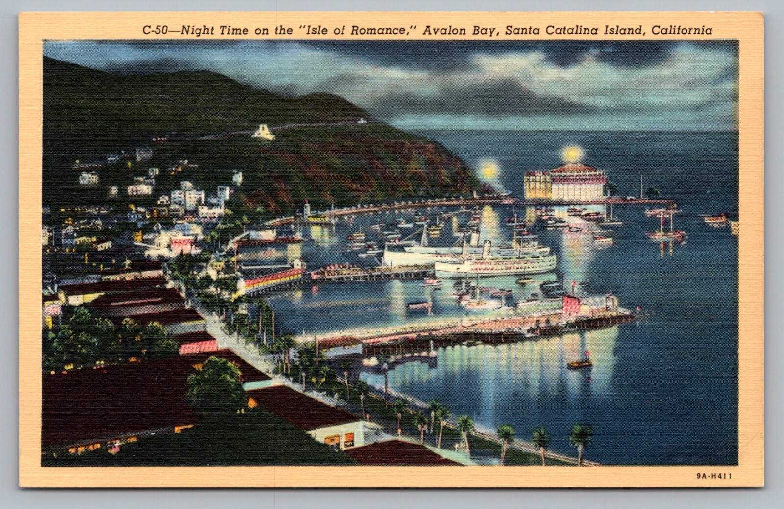 Santa Catalina Island Night Avalon Bay City Ships Boats Lights Postcard Vtg E5 Santa Catalina Island Night Avalon Bay City Ships Boats Lights Postcard Vtg E5