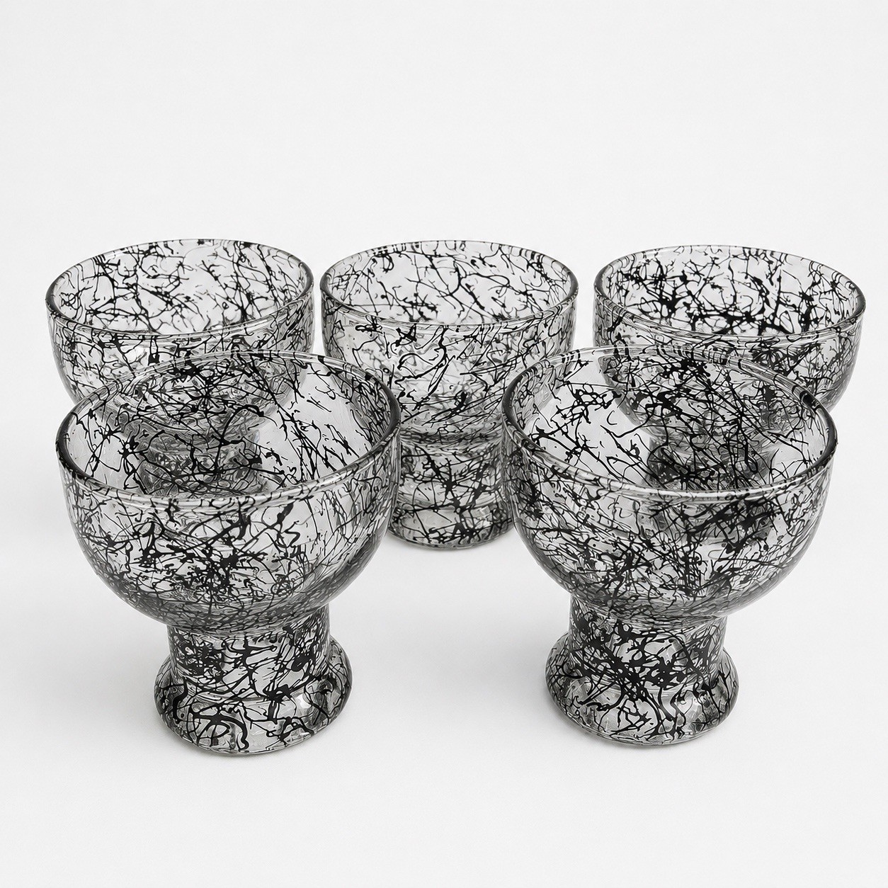 Vintage MCM Black Spaghetti Drizzle Footed Cocktail Glasses Set of 5 Atomic 50s
