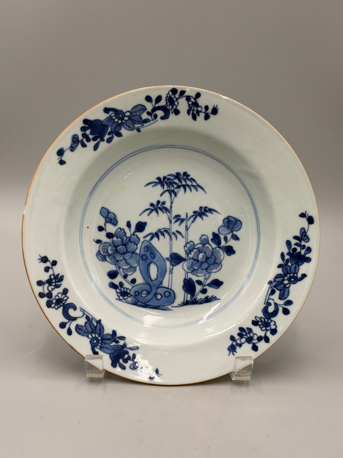 Antique 18th c. Chinese Qianlong Blue & White Bamboo Rock Porcelain Plate 9\'\'