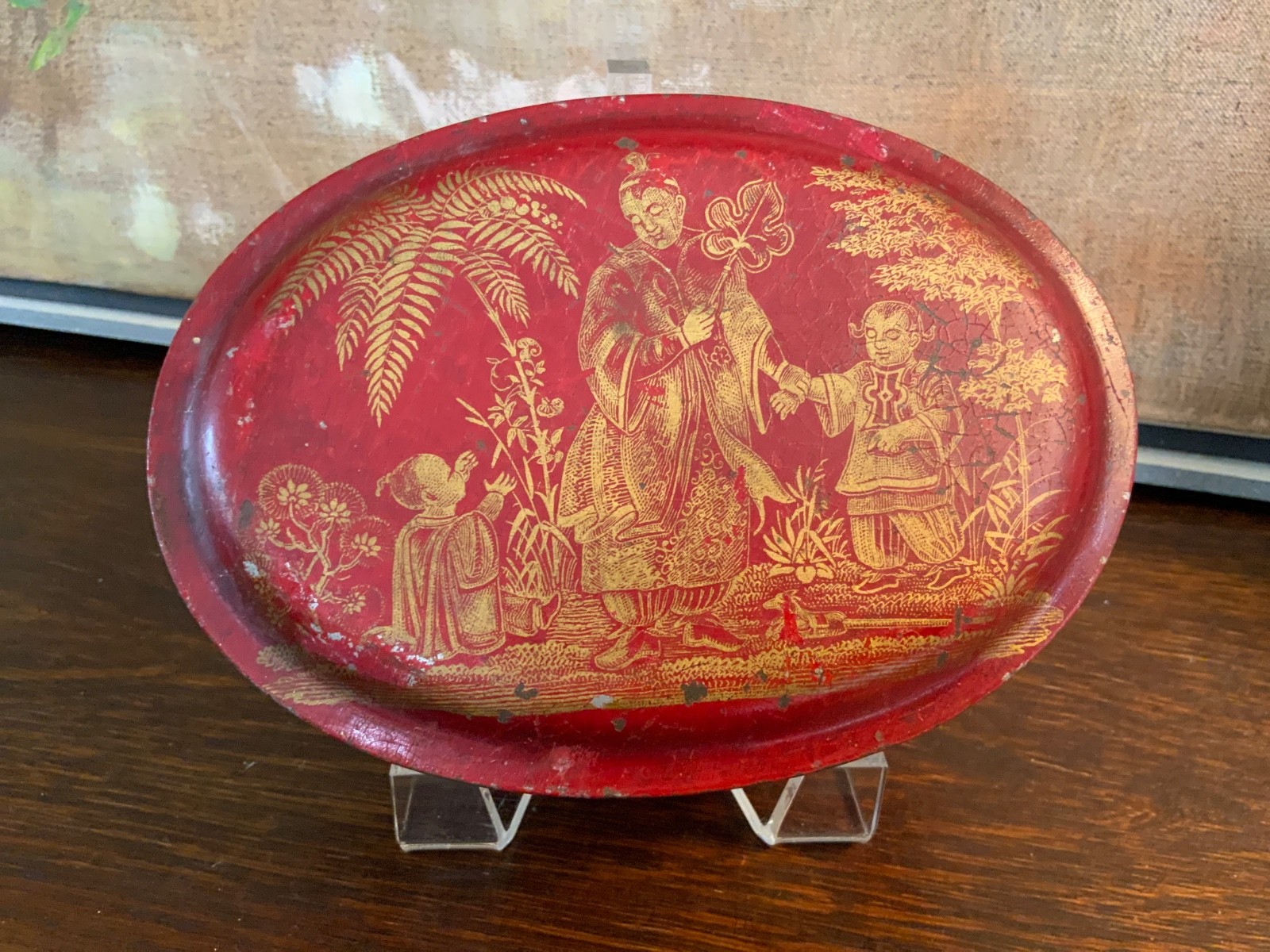 Oriental Early 1800s Red & Gold Tole Tin Metal Work Box Circa 1810-1820