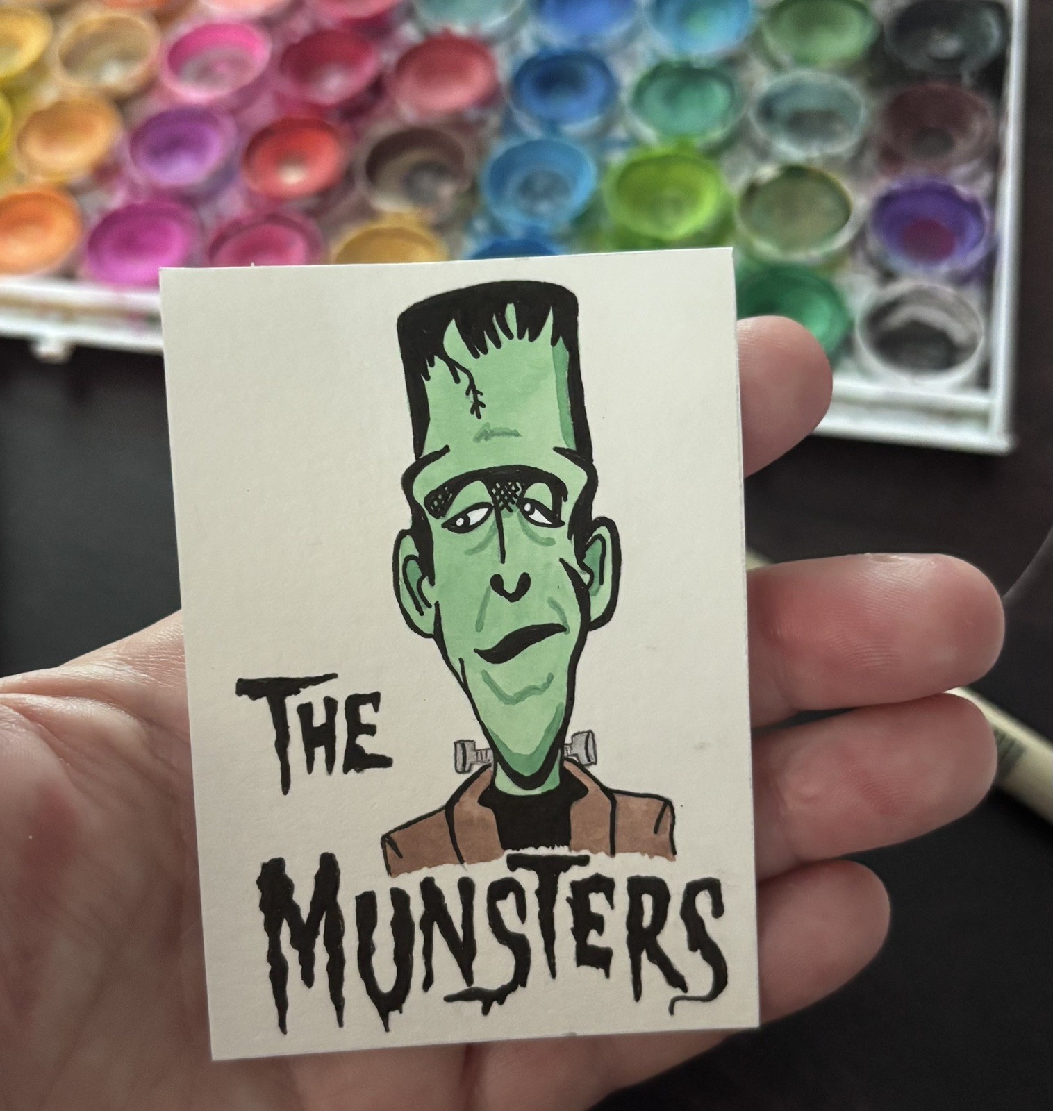 Original Art ACEO ATC Miniature Watercolor The Munsters Herman Munster Horror 