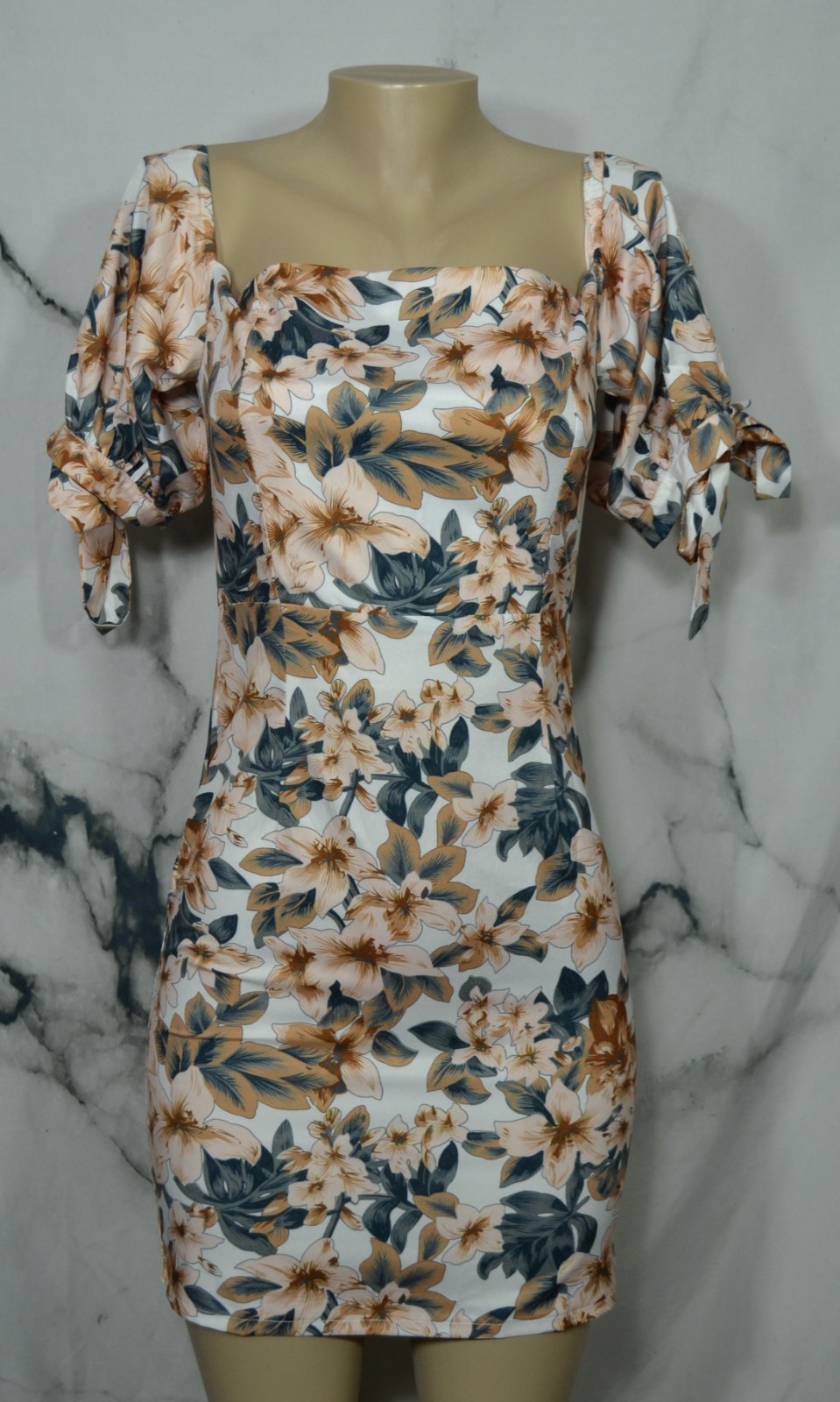 SHEIN Beige Multicolor Floral Print Dress Small 4 Off The Shoulder Tied Sleeves