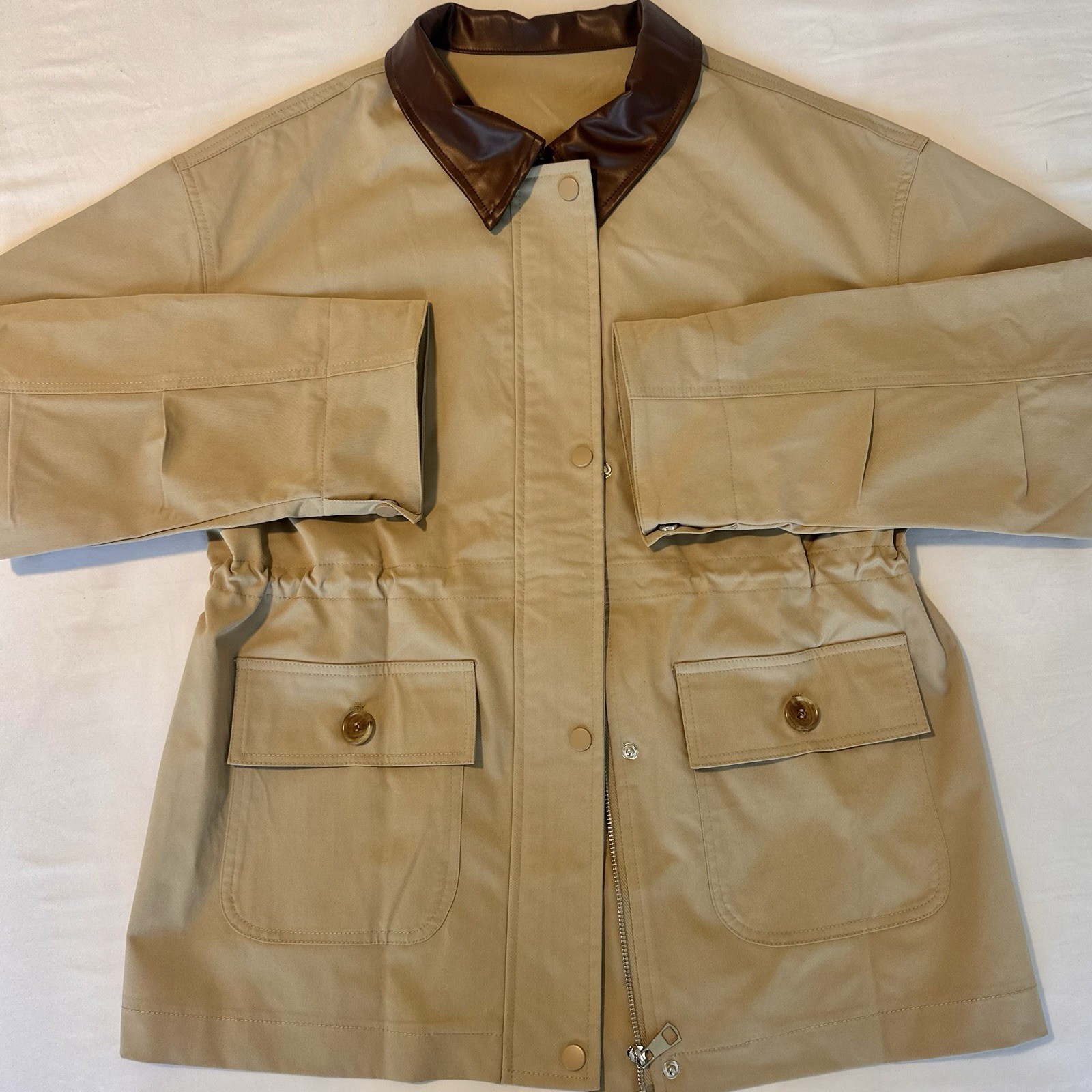 SHEIN Beige/Brown Barn Jacket Zip Button Pockets Outdoors Classic Chic Sz Small