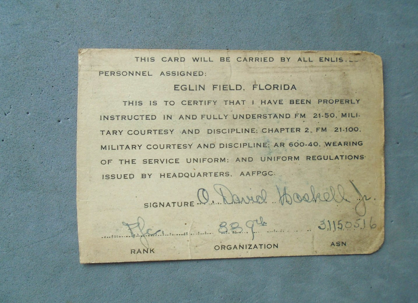 Eglin Field Florida military courtesy card Eglin Field Florida military courtesy card