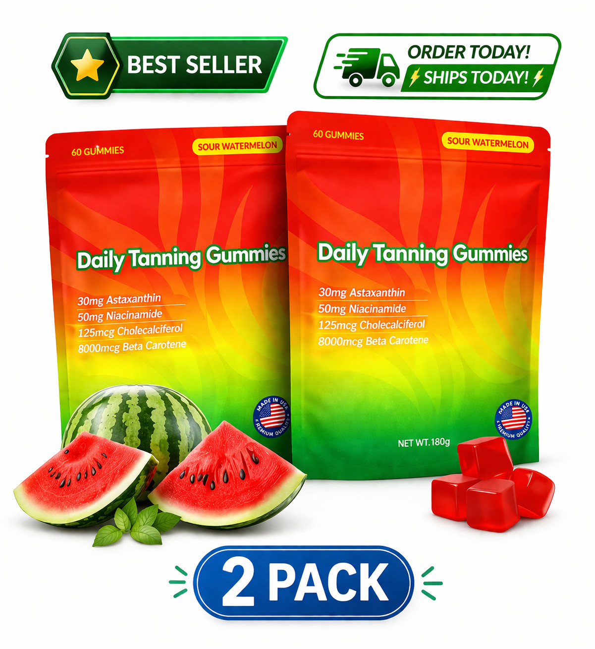 2 Pack Daily Tanning Gummies Supplement - 60 Gummies 30-Day Supply
