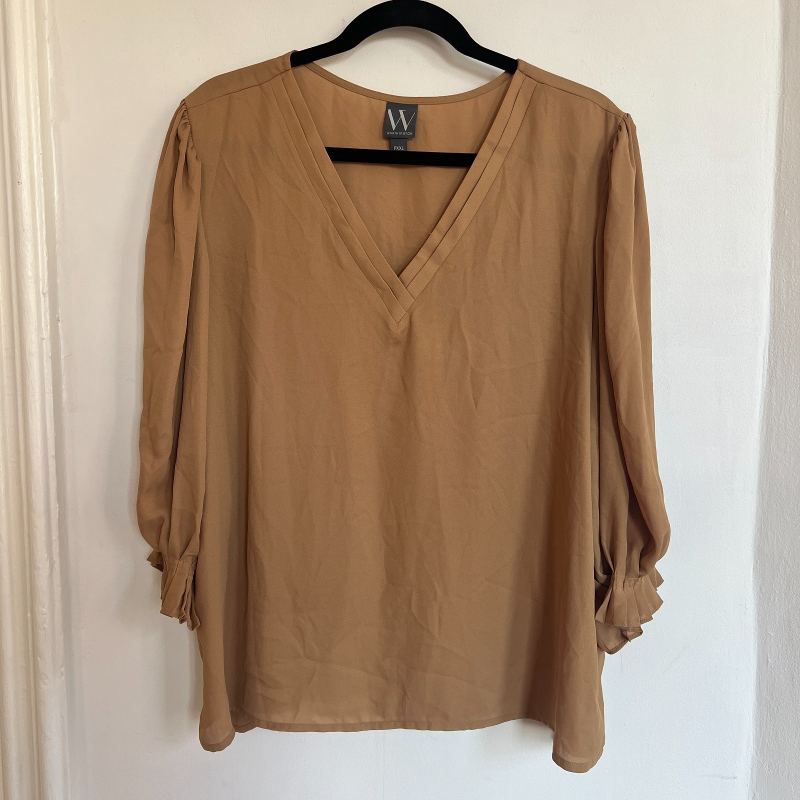 Worthington Womens PXXL Camel V-Neck Blouse Ruffle Sleeve Career Top NWT
