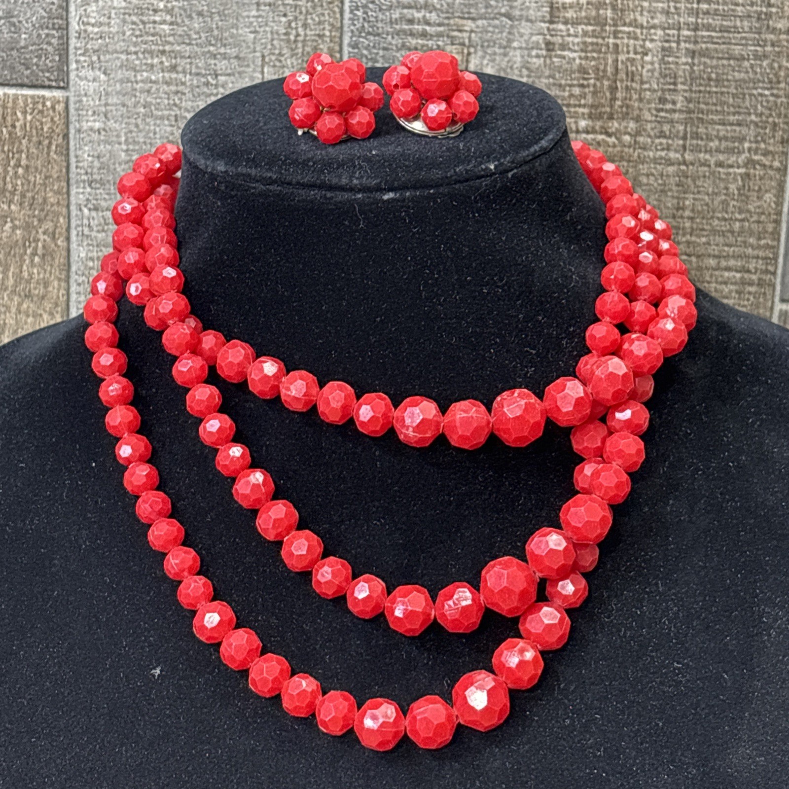 Vintage 1940s 50s Hong Kong Red Bead Triple Strand Necklace Clip Earrings Set