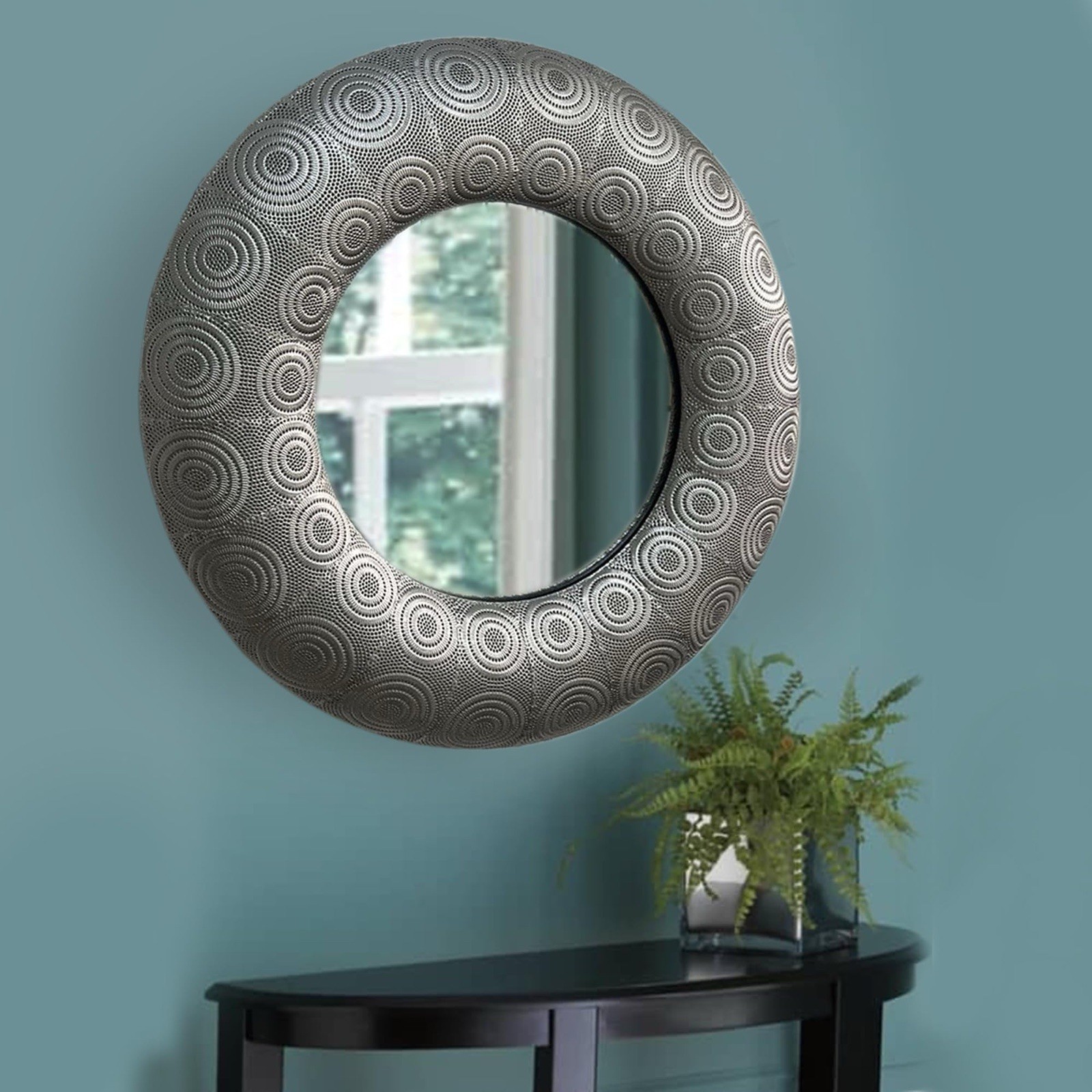 QuDez Round Wall Mirror, 32.25”, Silver Iron Frame, Vintage Style, New in Box