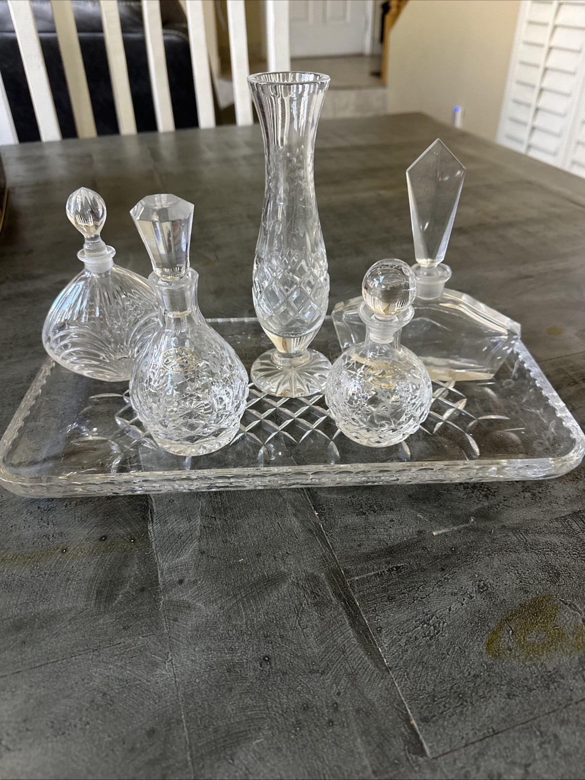 Vintage 5 Piece Crystal Vanity Decanter Set & Handcrafted Tray from Yugoslavia