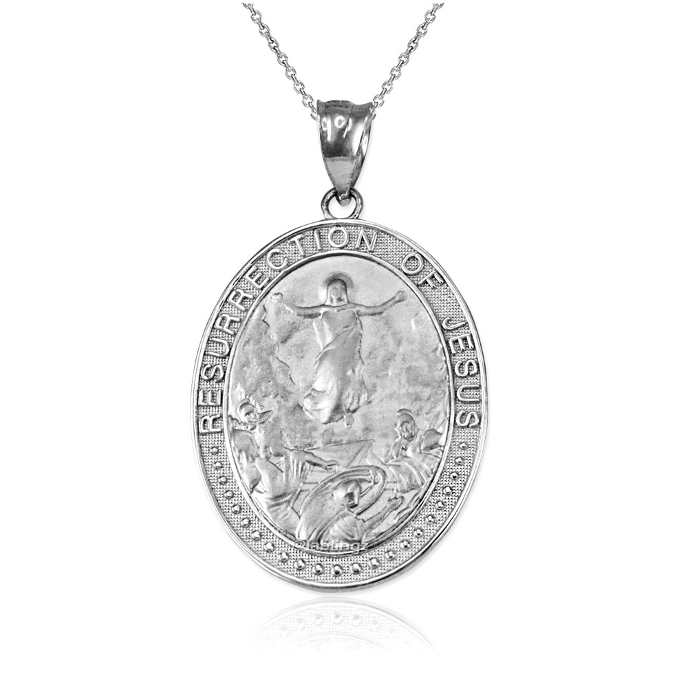 Sterling Silver Resurrection of Jesus Oval Medallion Pendant Necklace
