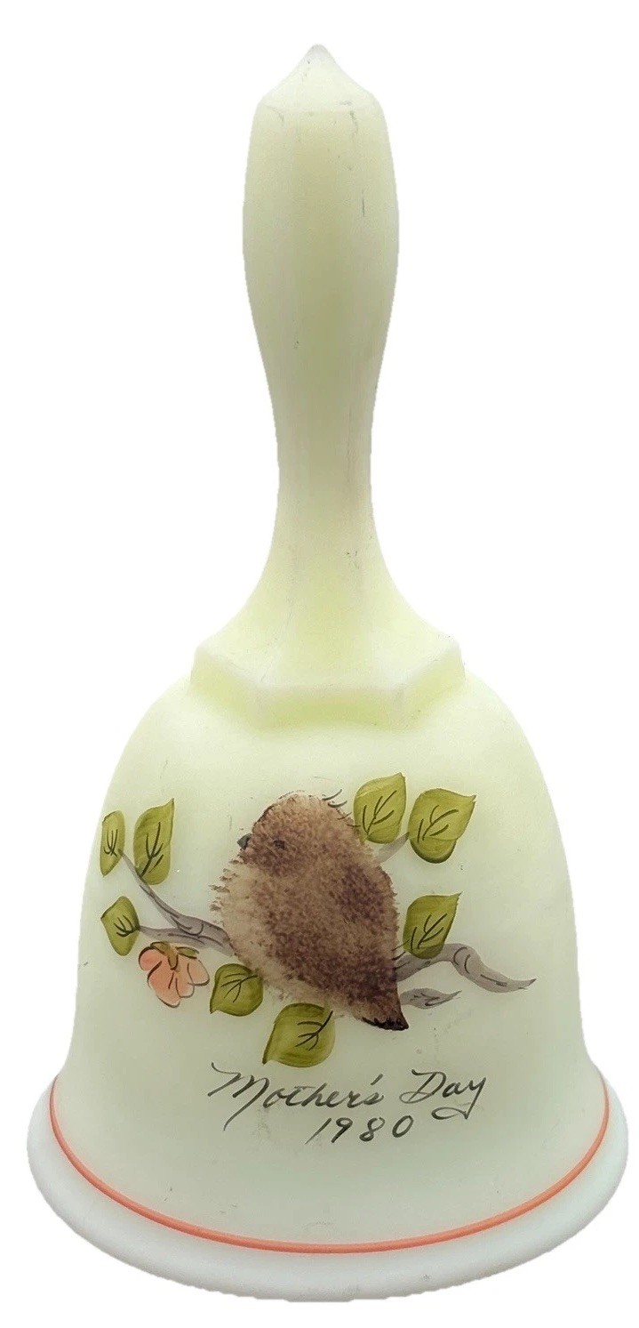 Fenton Custard  Glass Uranium Bell  1980 Bird On Twig Signed V. Gherke