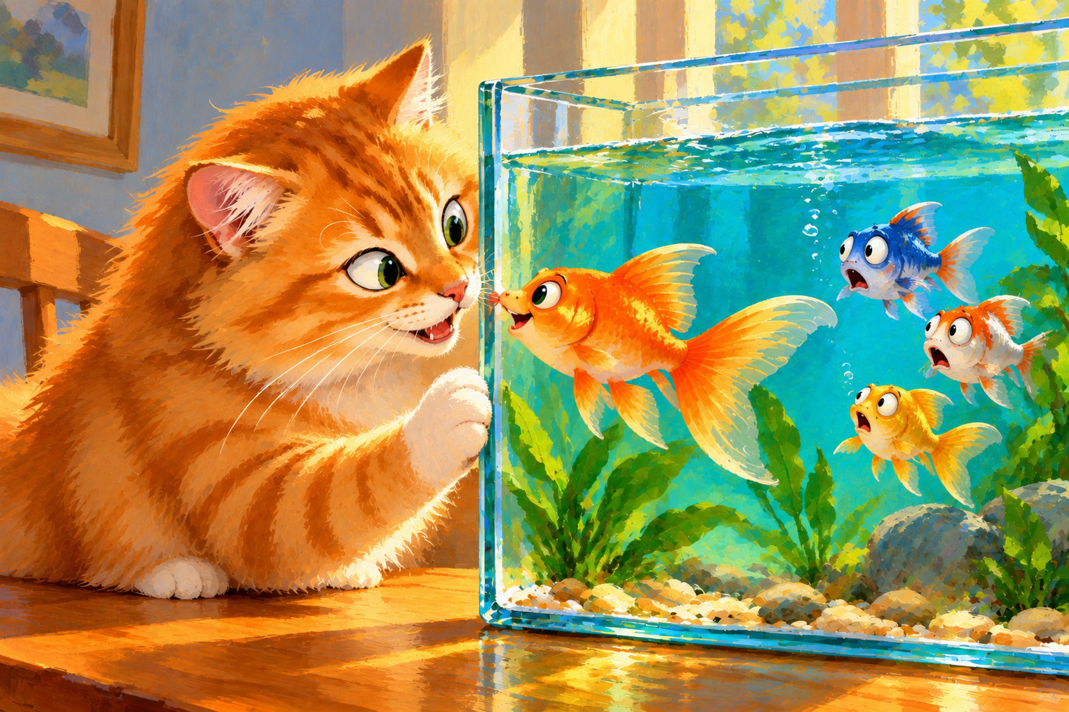 Original Hand Painted Cat & Goldfish Funny Wall Art 24x16 Canvas Painting