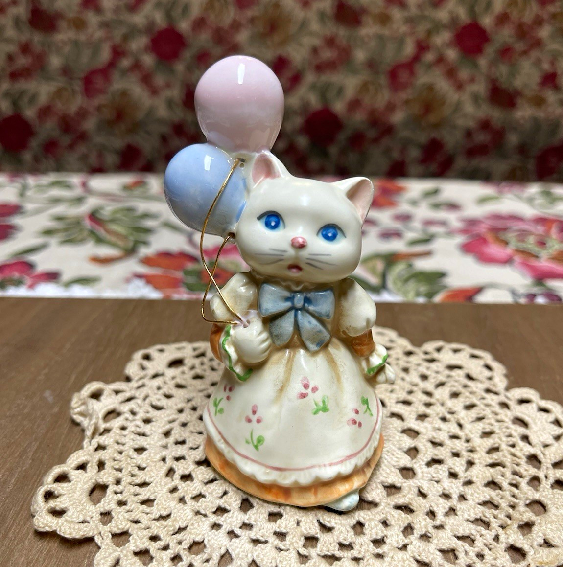 Vintage Takahashi Porcelain Cat Figurine In Dress Holding Pink & Blue Balloons Vintage Takahashi Porcelain Cat Figurine In Dress Holding Pink & Blue Balloons