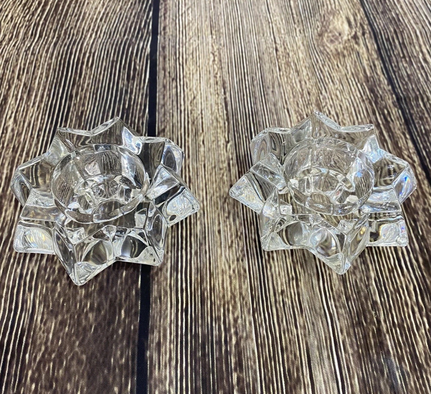 Vtg Pair Heavy Glass Candlestick Holders Starburst/Flower Shape Clear