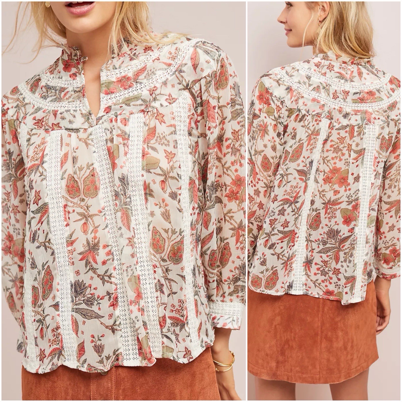Anthropologie Size 6 Feather Bone Elena Floral Lace Trim Boho Peasant Blouse Top