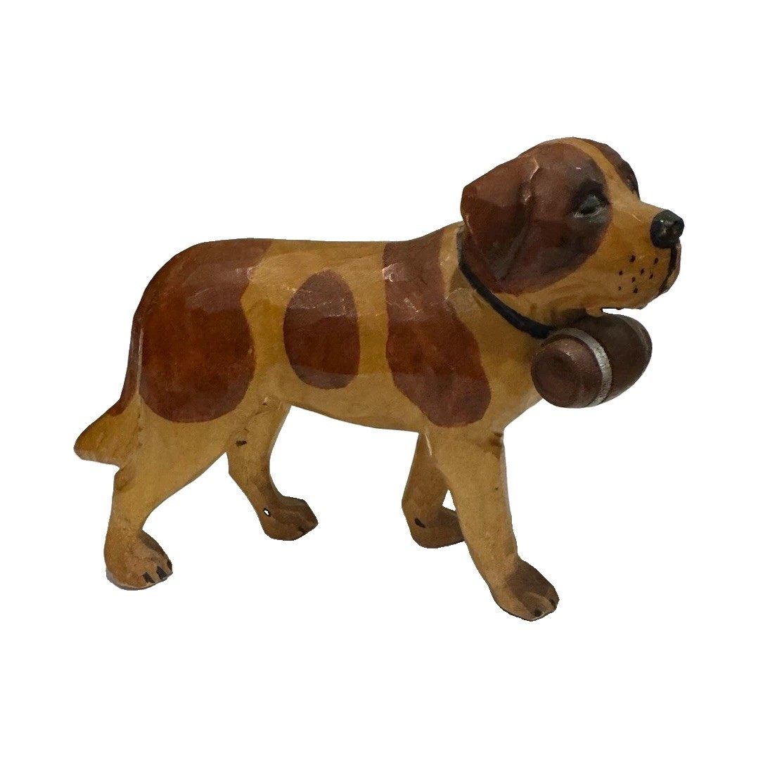 Vintage Hand Carved Wooden Dog Figurine Carrying Barrel Brown Spots Collar Vintage Hand Carved Wooden Dog Figurine Carrying Barrel Brown Spots Collar