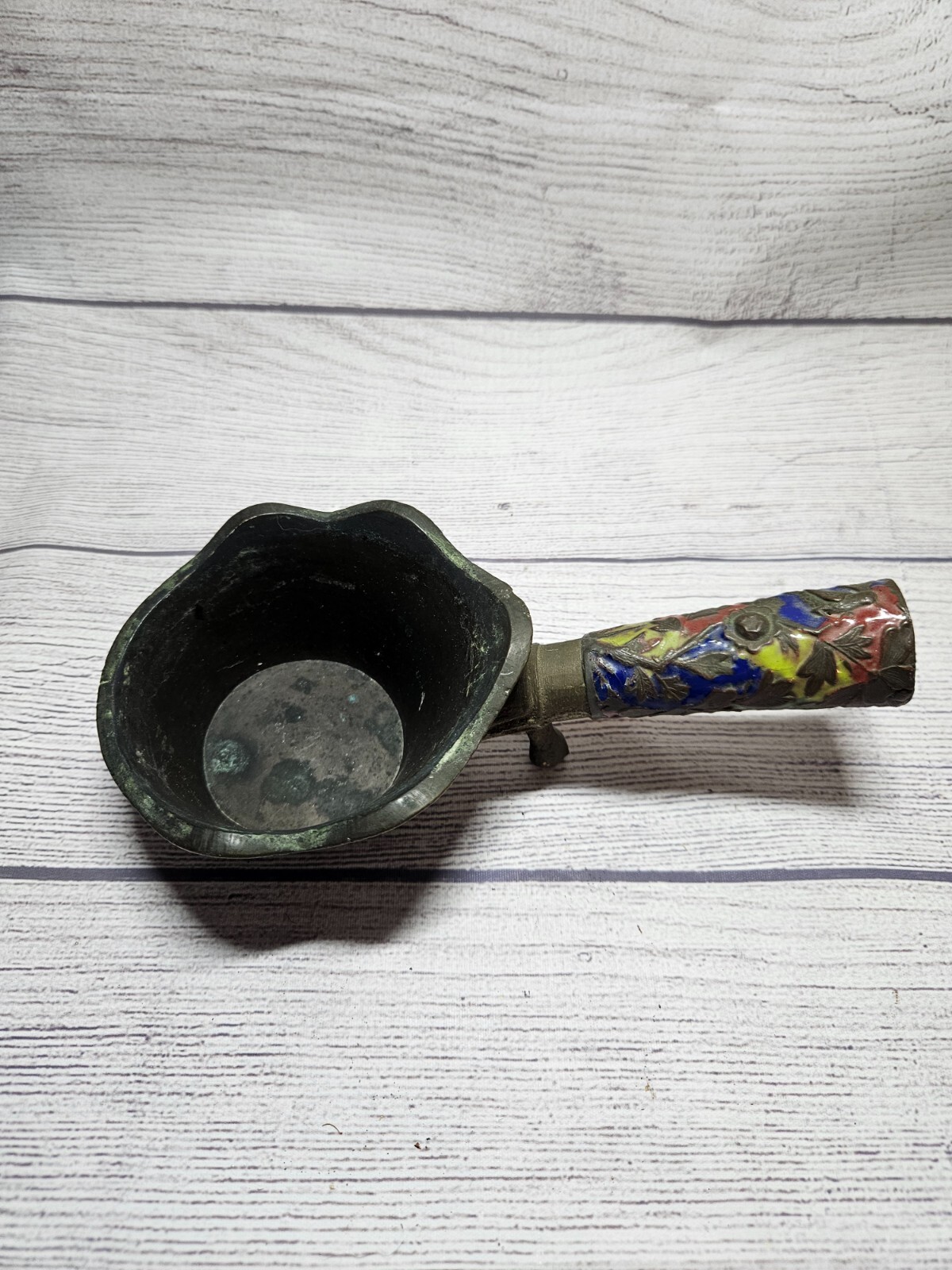 Vintage Chinese Bronze Silk Coal Pan w/ Etched Floral Handle & Aquatic Creatures