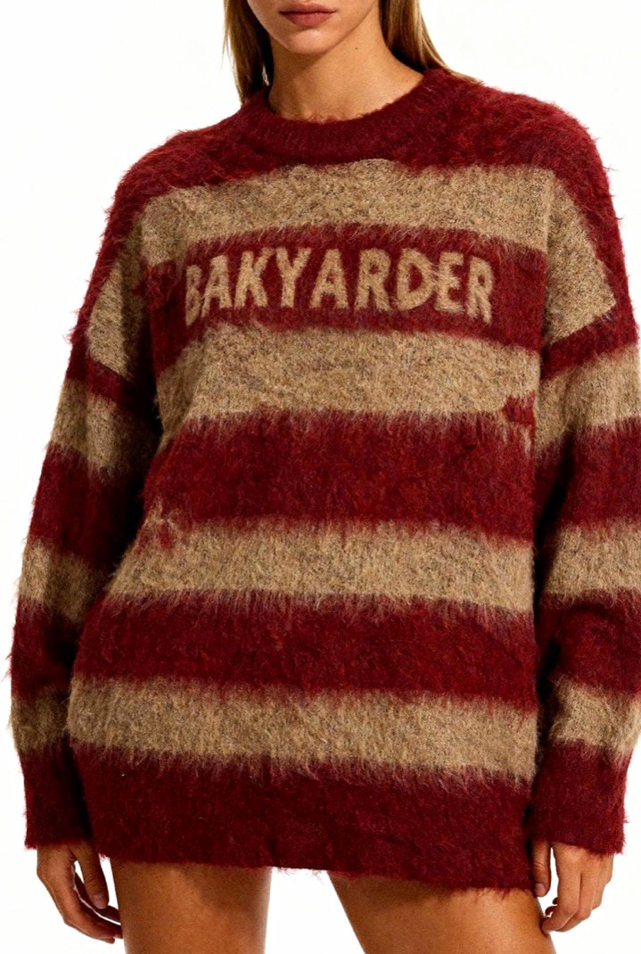 BAKYARDER Women\'s Striped Fuzzy Crewneck Oversized Pullover L BAKYARDER Women\'s Striped Fuzzy Crewneck Oversized Pullover L