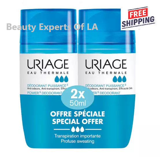 2 X Uriage Power 3 Anti-Odor Antiperspirant Roll On Deodorant 50mI Exp 11/2028