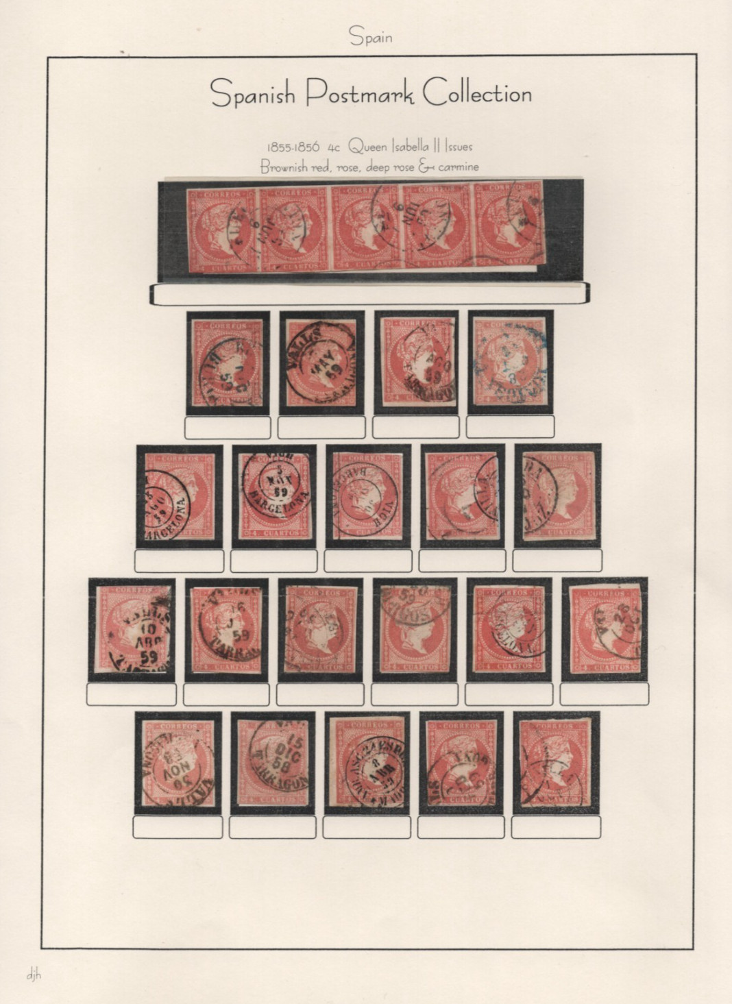 Spain 1855 Postal Cancellation Collection Of 90 Imperf Stamps Of Queen Isabella