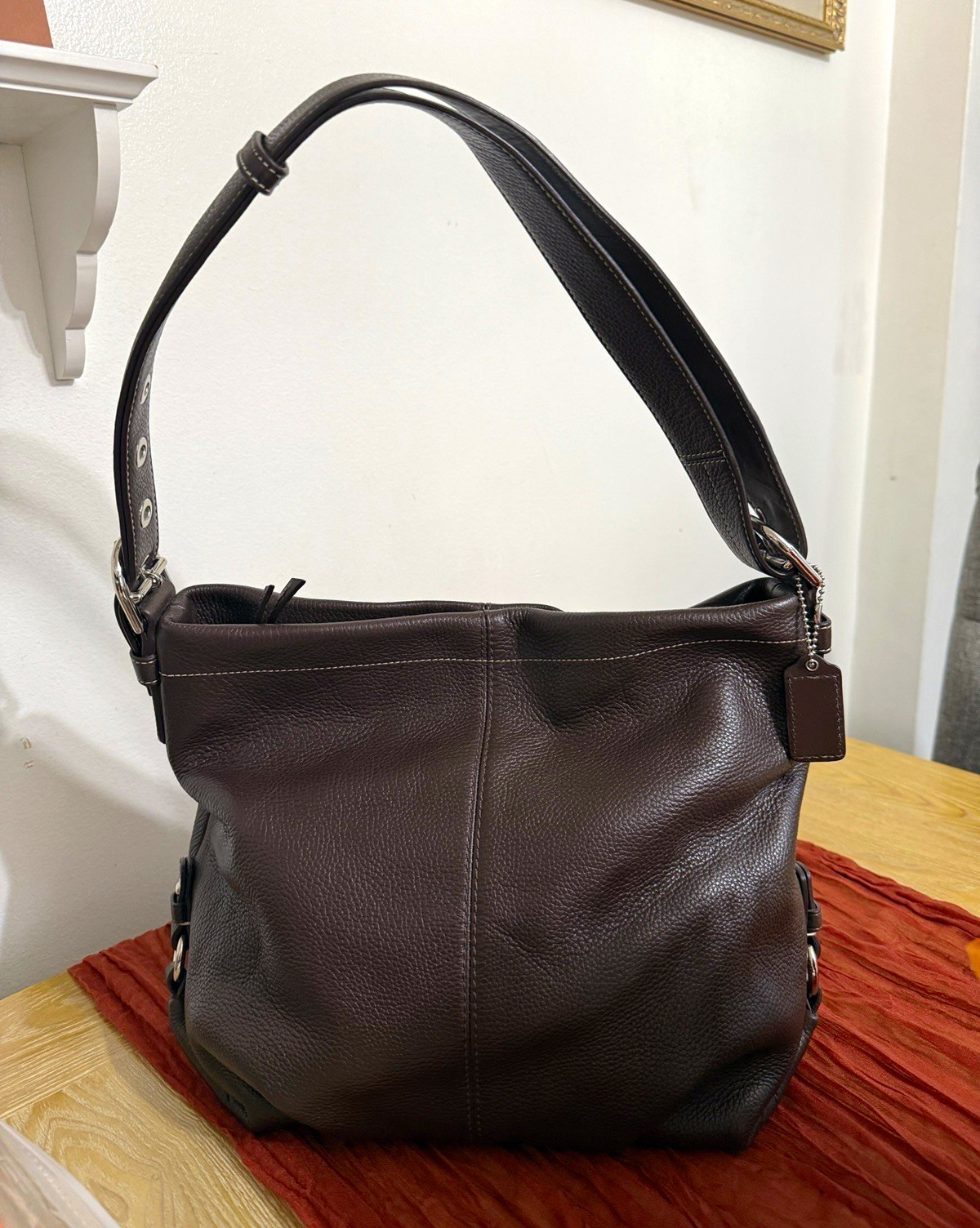 2011 Coach Brown Pebbled Shoulder Bag Zip Top Purple Lining Silver Hardware 2011 Coach Brown Pebbled Shoulder Bag Zip Top Purple Lining Silver Hardware