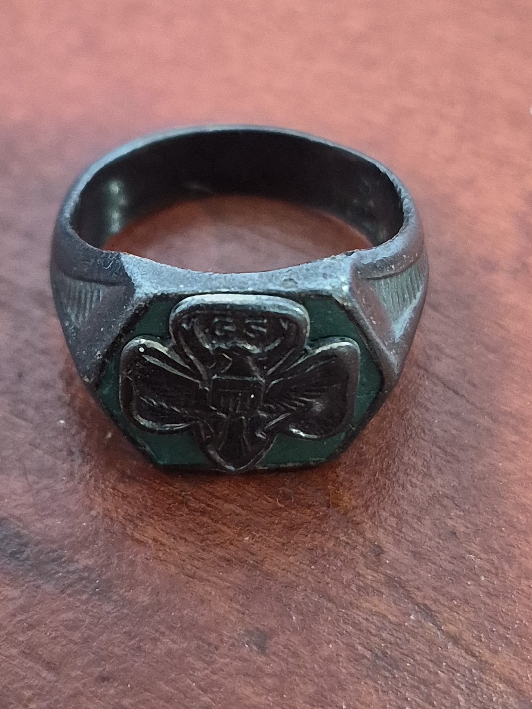 WOW 83/YEARS RARE Vintage Girl Scout RING STERLING SILVER GREEN ENAMEL 6 SIDED