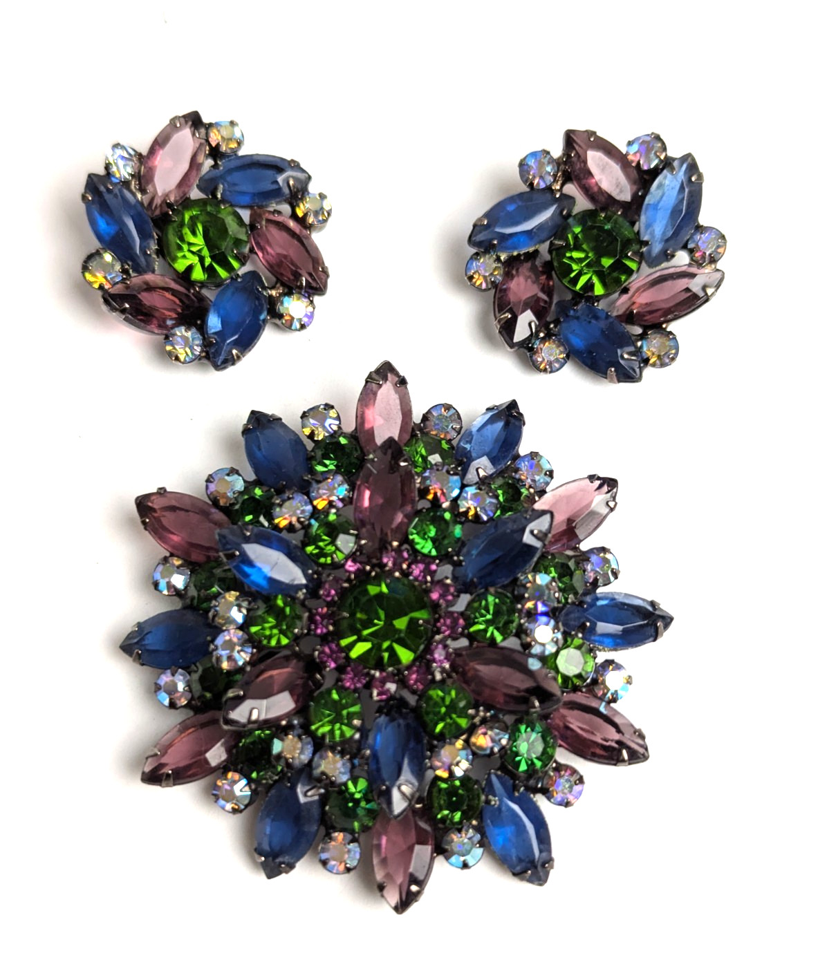 Juliana Large Brooch and Clip Earrings Verified Purple & Blue Navettes Gorgeous
