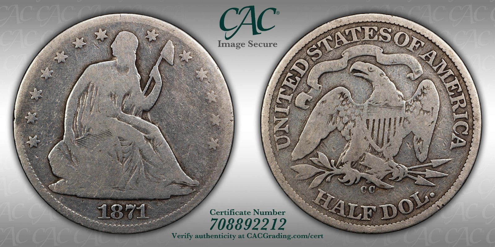 1871-CC Seated Liberty Half Dollar - CAC AG Details - Very Rare Low Mintage