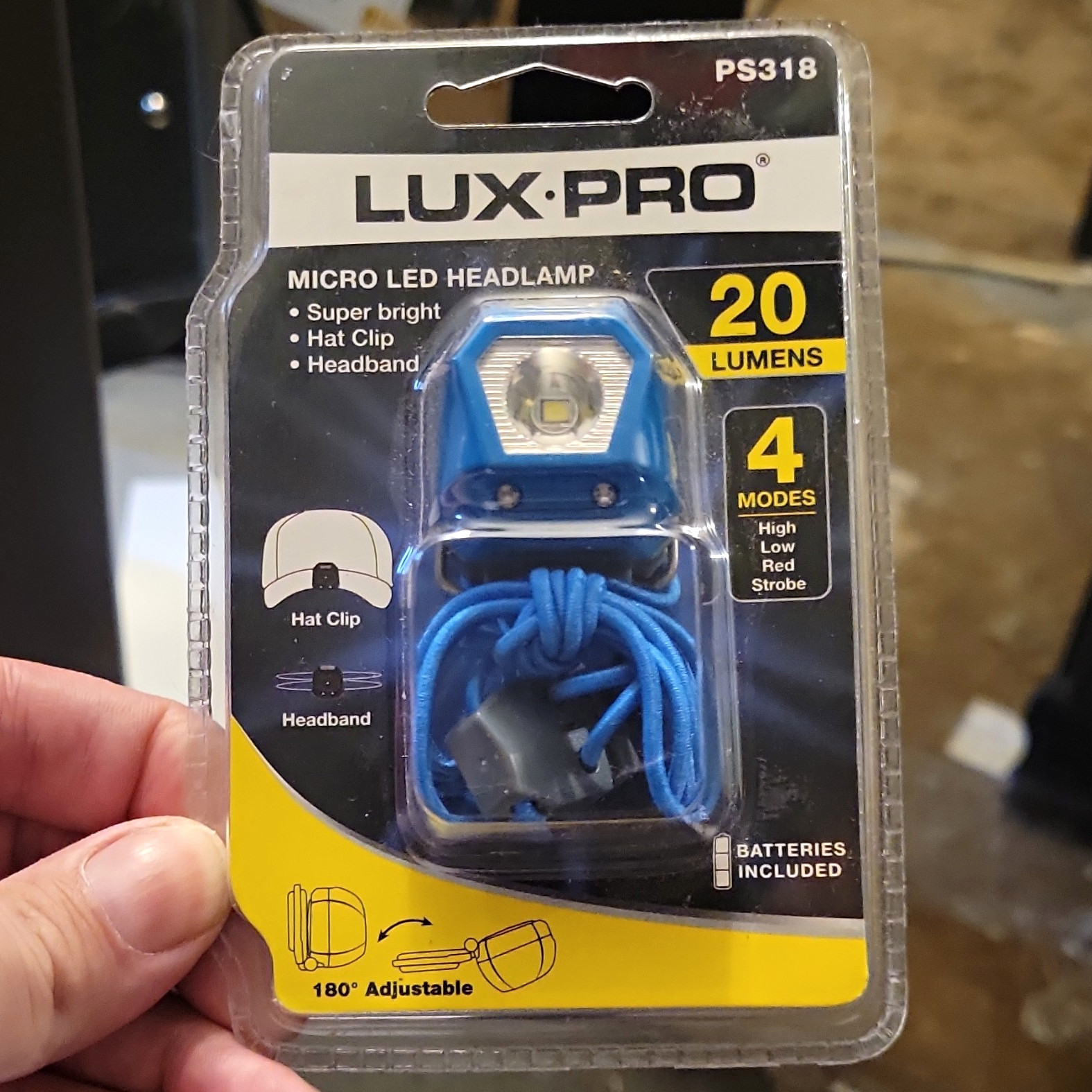Lux-Pro PS318 LED Headlamp 20 Lumens 4 Modes Blue IP44 Hat Clip Batteries