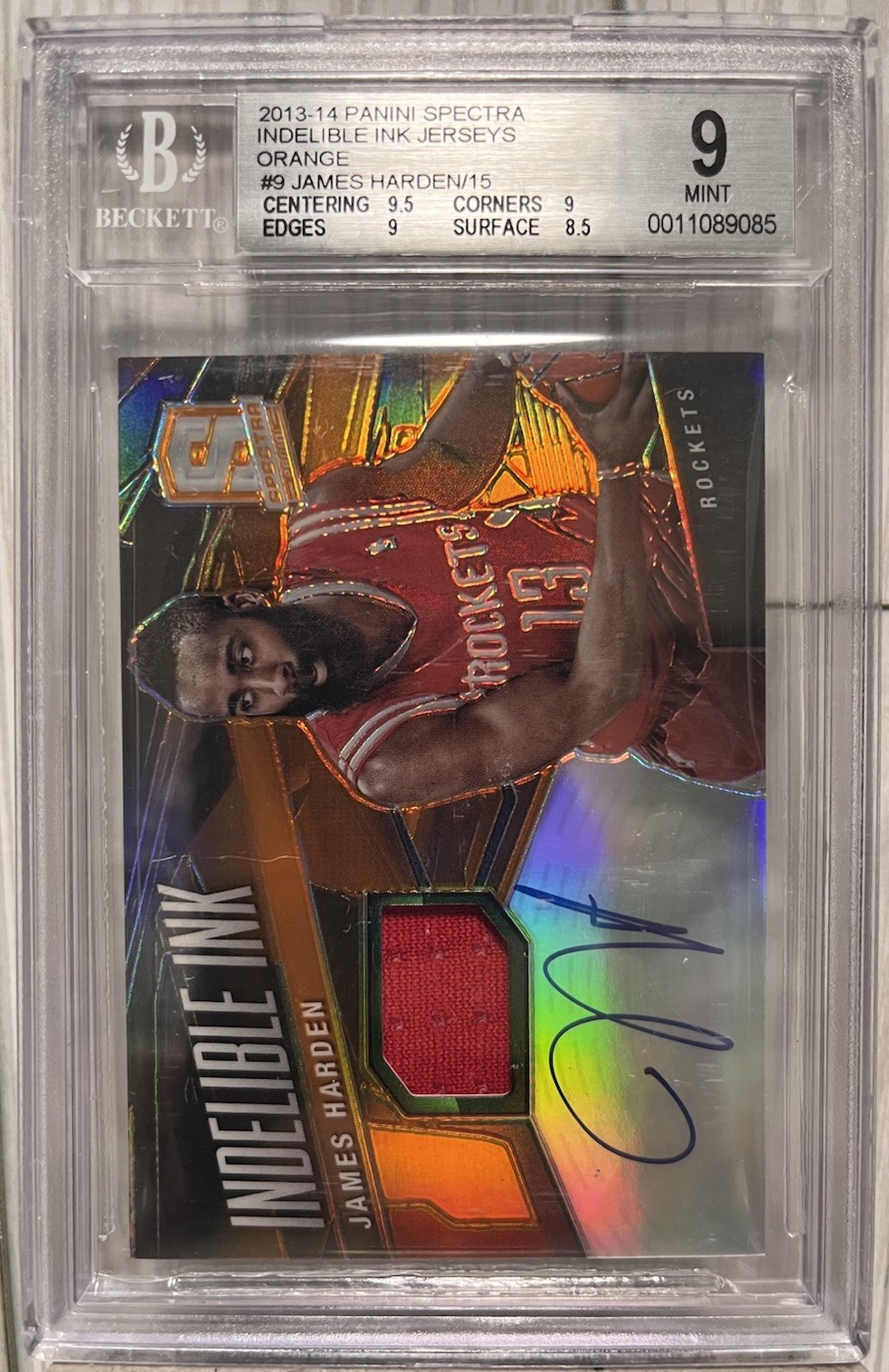 2013 Panini Spectra James Harden Auto 10/15 On-Card Game Worn Jersey Prizm BGS 9