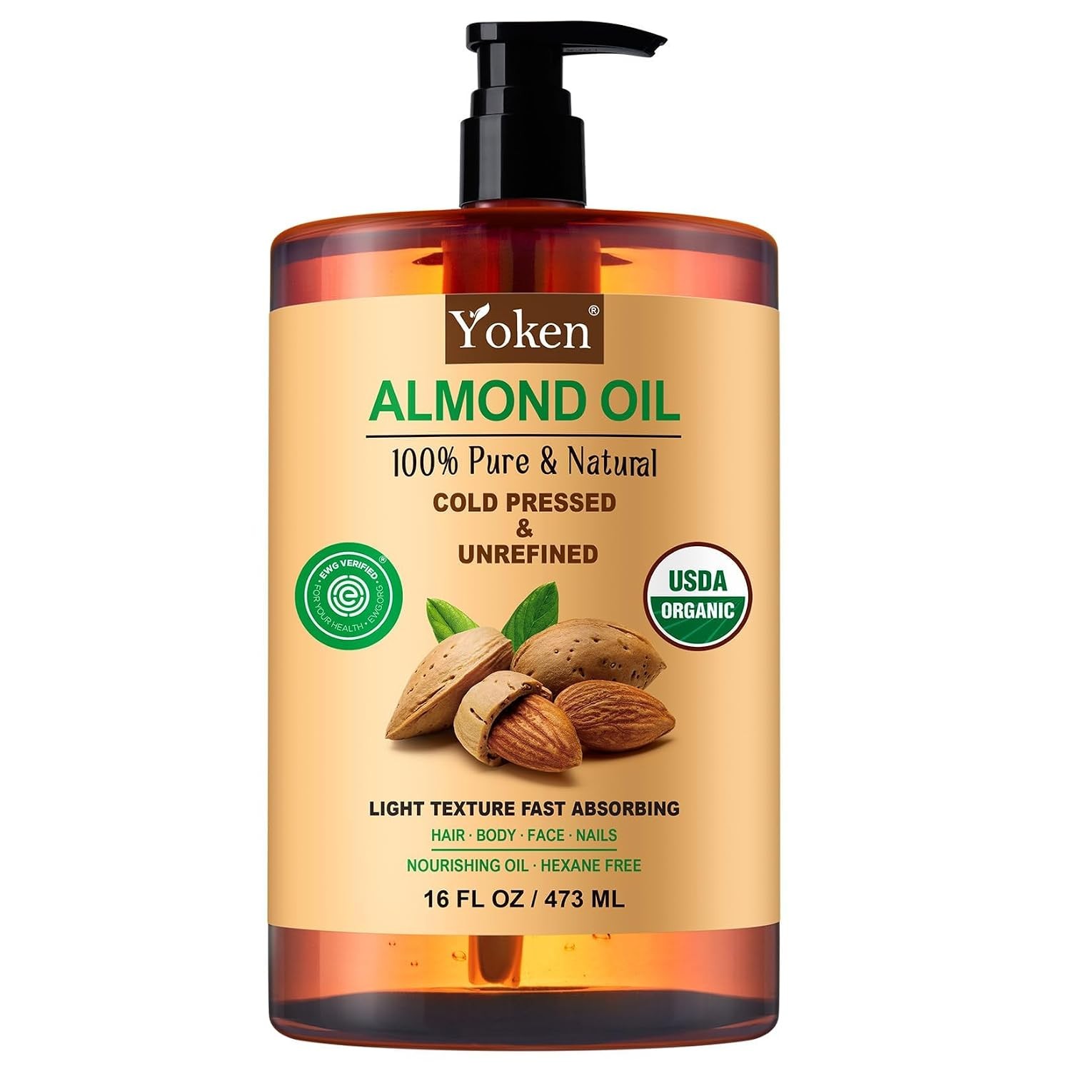 Yoken Organic Almond Oil 16 oz, Cold Pressed Carrier Oil for Skin & Hair