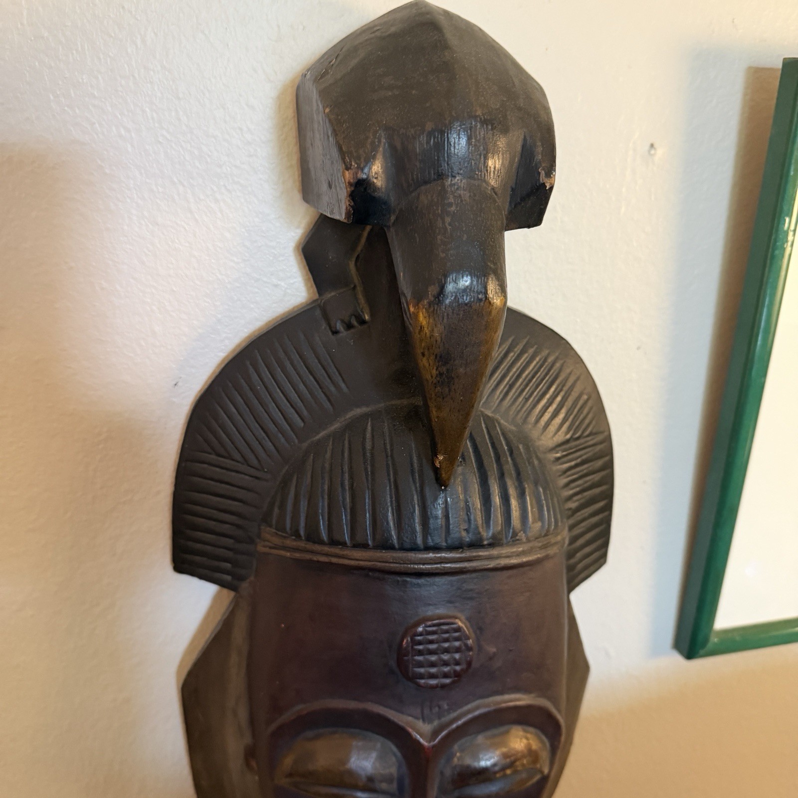 VINTAGE AFRICAN CARVED WOOD TRIBAL FACE MASK With BIRD HEAD-DRESS 17” T 8” W