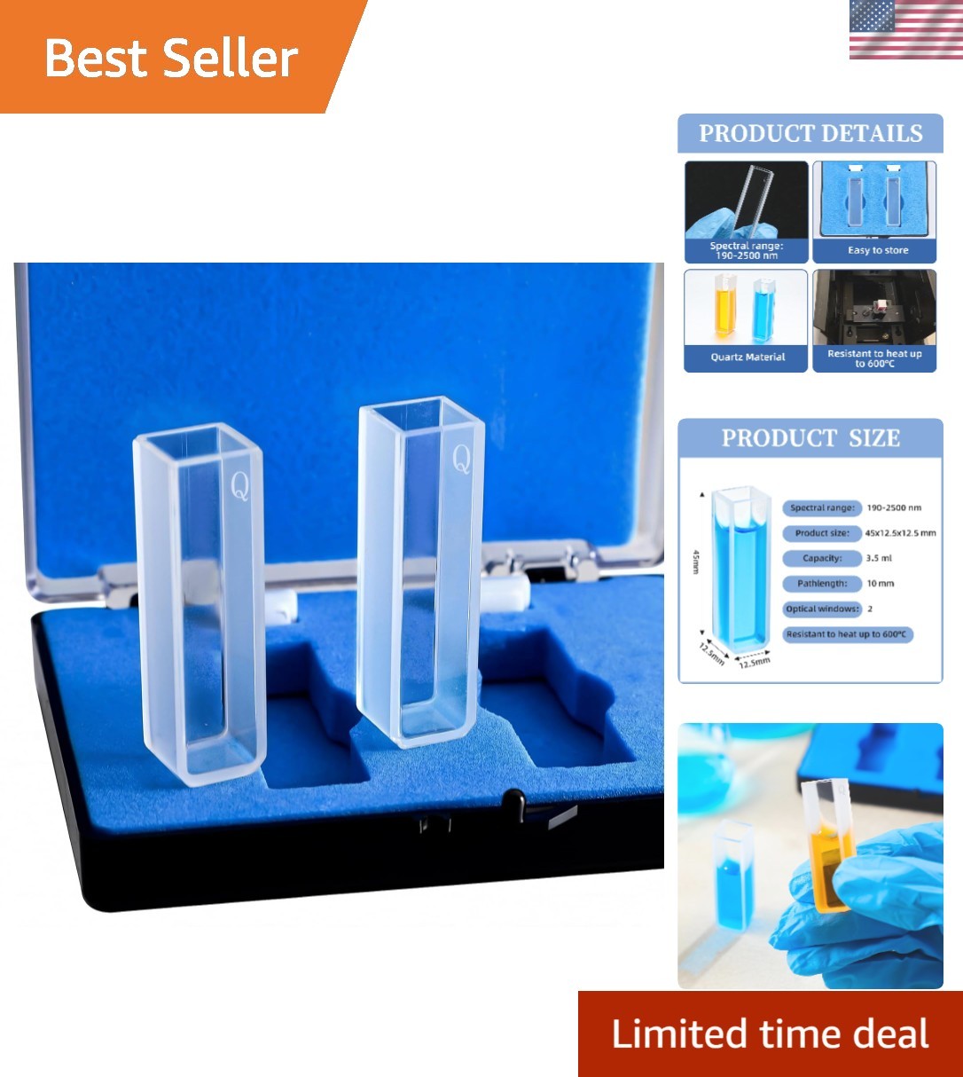 2 PCS UV Quartz Cuvettes for Spectrometer Standard Quartz Cells - 3.5 Ml