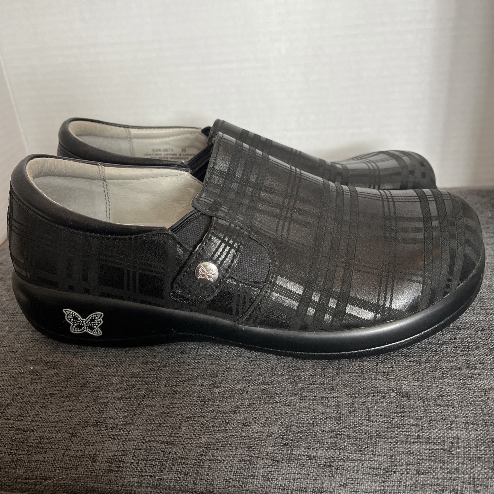 Alegria By PG Lite Keli Prof Leather Clogs “Plaid To Meet You” Black Sz 39