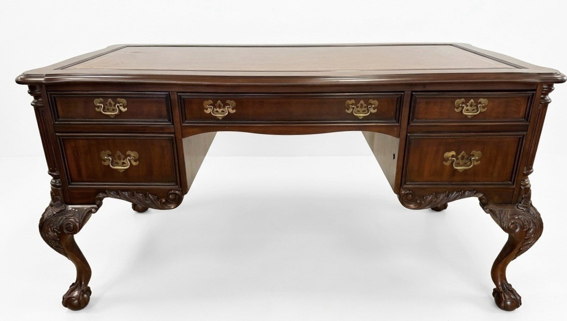 Elegant The Ellis Line by Sligh Grand Carved Mahogany Leather Top Desk $7200 Elegant The Ellis Line by Sligh Grand Carved Mahogany Leather Top Desk $7200