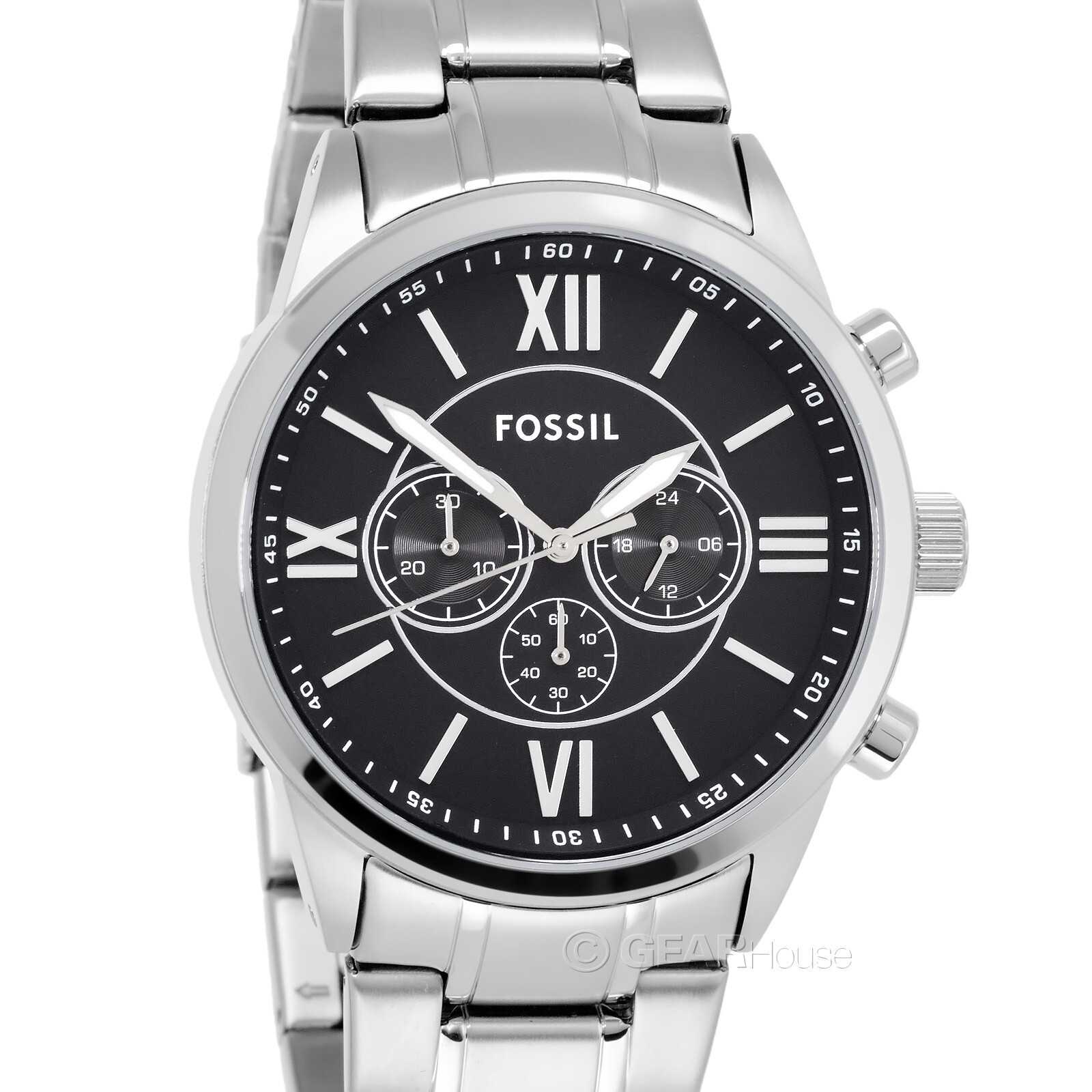 FOSSIL Flynn Mens Chronograph Watch Large Black Dial Silver Stainless Steel Band