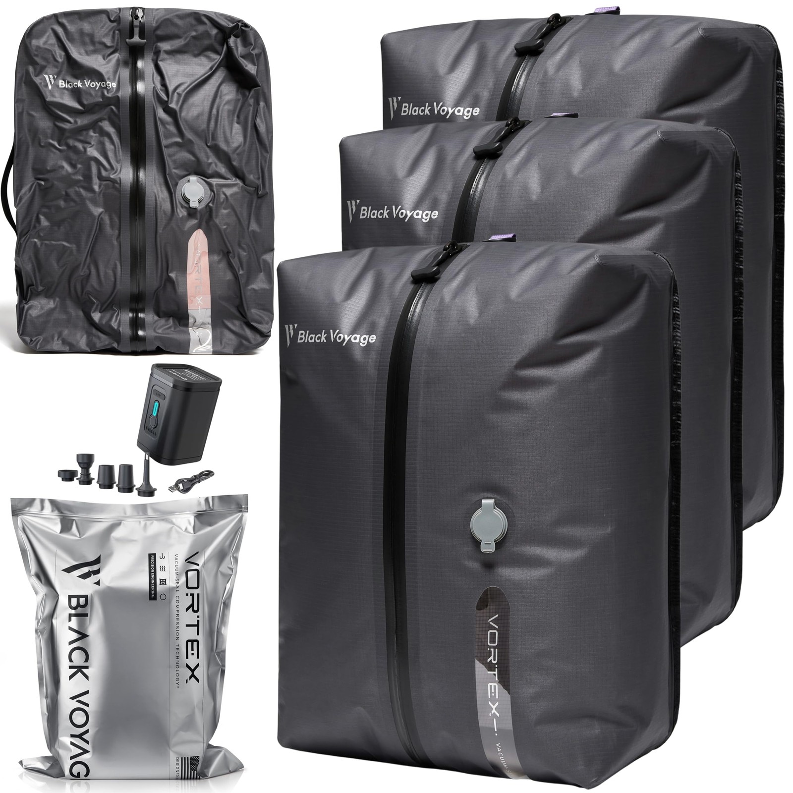 Black Voyage Vortex-Travel-Bag Reusable Vacuum Compression Travel Bag 3-Pack
