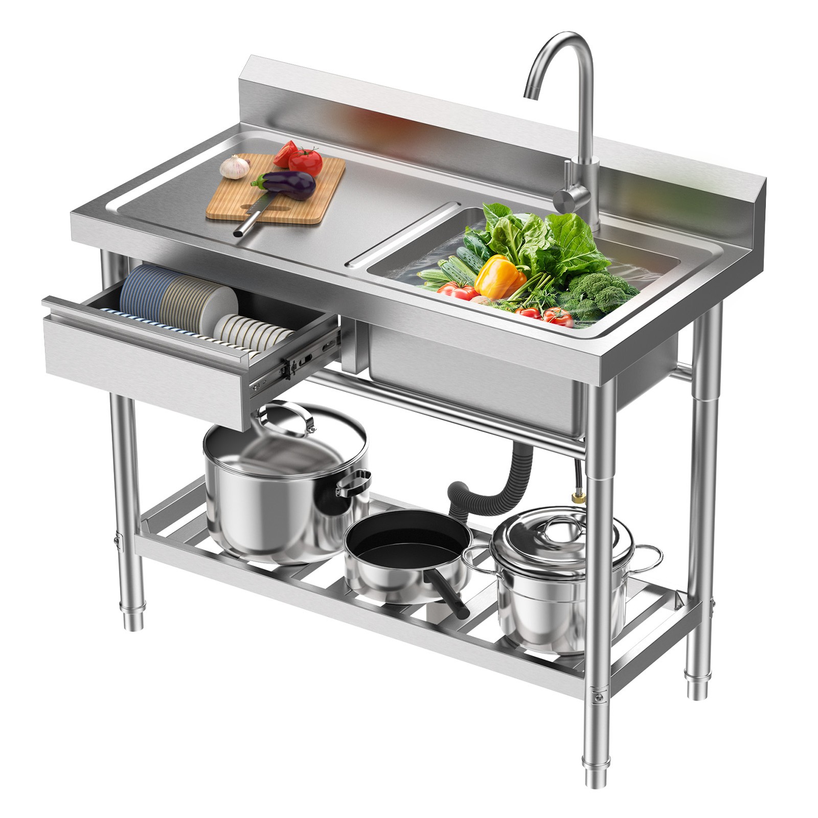 39.4x19.7x38.6'' Stainless Steel Commercial Utility Sink Single Bowl with Drawer