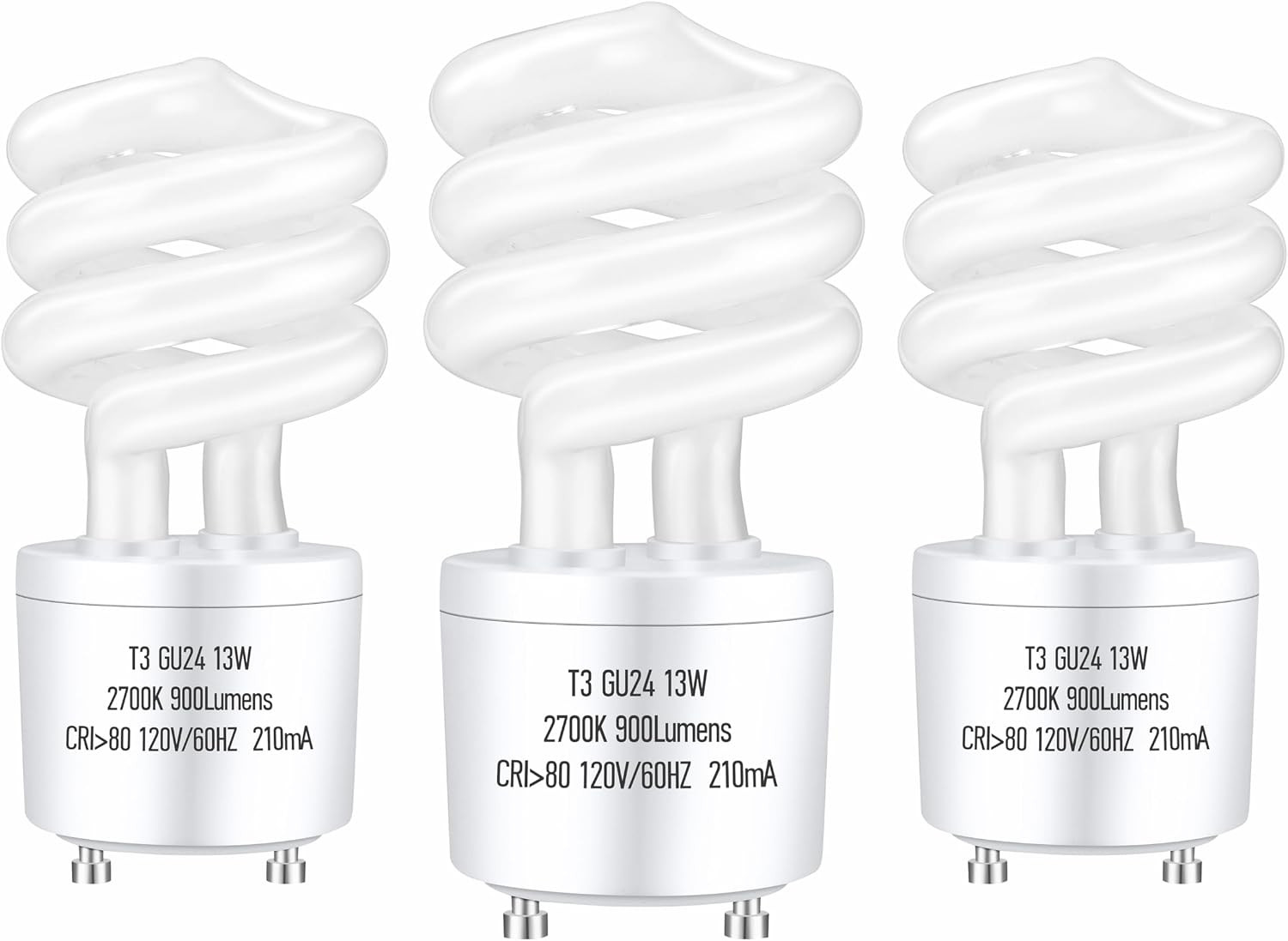 GU24 13Watt 2700K 900Lm CFL Light Bulbs, T3 Spiral Gu24 Base 2 Prong (60W Equiva GU24 13Watt 2700K 900Lm CFL Light Bulbs, T3 Spiral Gu24 Base 2 Prong (60W Equiva