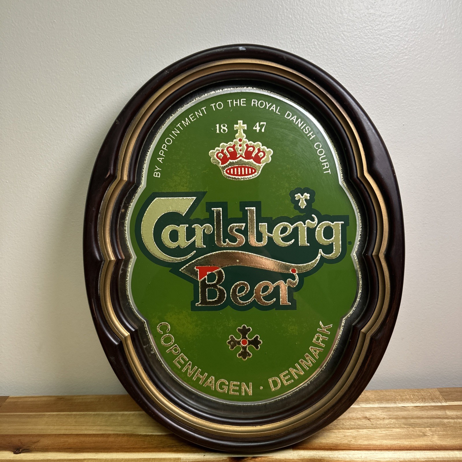 Carlsberg Beer Sign Mirror with Wood Frame Copenhagen Denmark Vintage 1986 Carlsberg Beer Sign Mirror with Wood Frame Copenhagen Denmark Vintage 1986