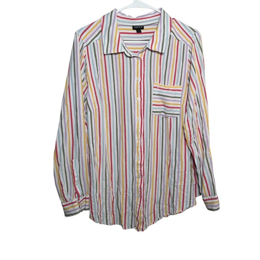 Torrid Blouse Women\'s 2 Striped Button Up Collared Long Sleeve Rainbow Shirt Top Torrid Blouse Women\'s 2 Striped Button Up Collared Long Sleeve Rainbow Shirt Top