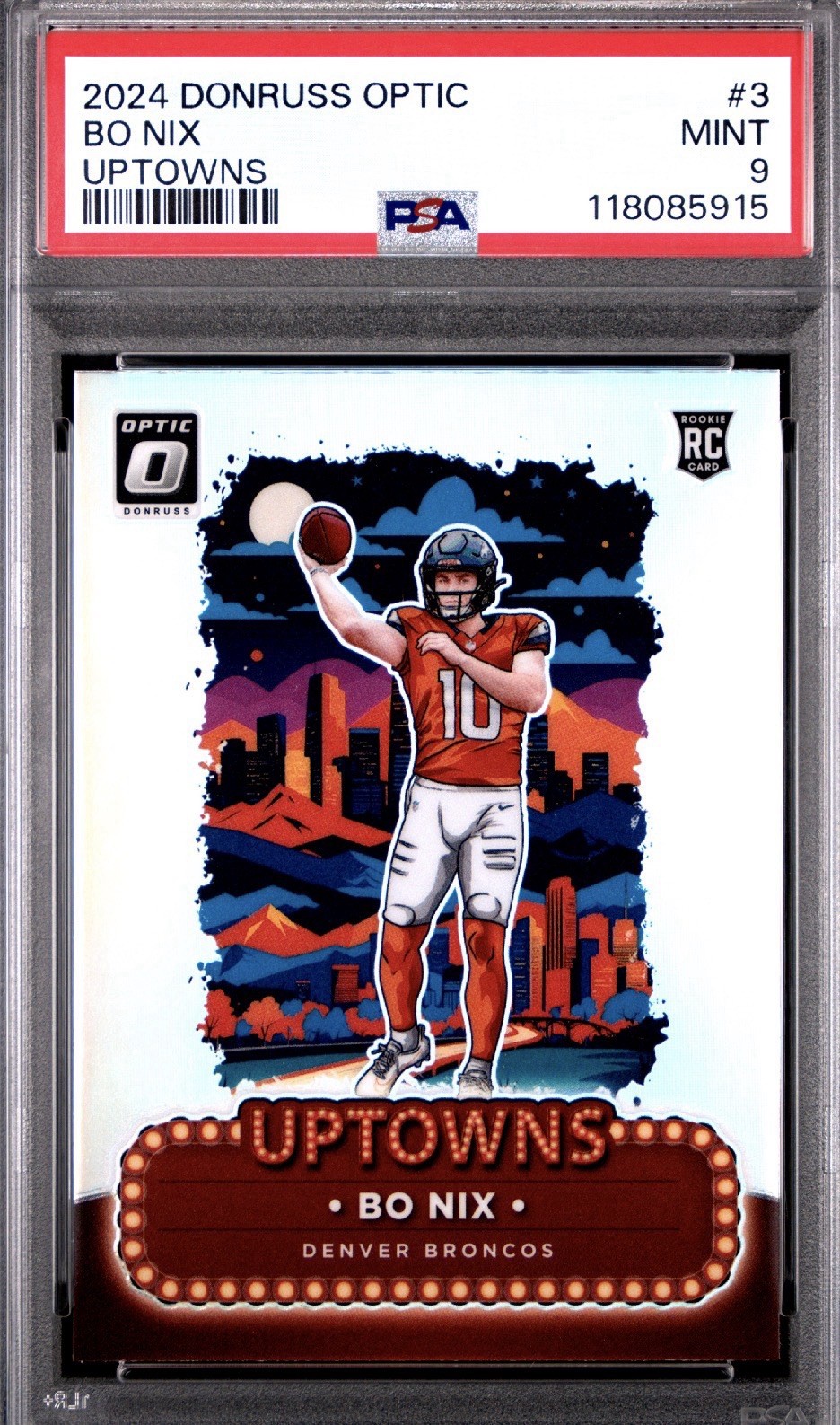 2024 UPTOWNS Bo Nix-Panini Donruss Optic Broncos #3 (RC) PSA 9 MINT 2024 UPTOWNS Bo Nix-Panini Donruss Optic Broncos #3 (RC) PSA 9 MINT