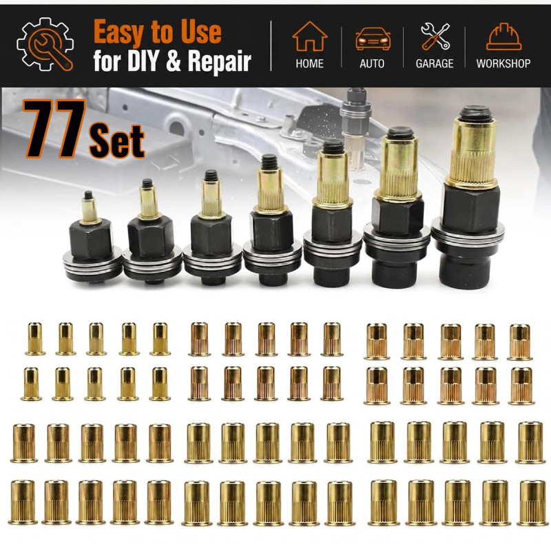 77PCS Carbon Steel Rivet Nut Tool Set, Rivet Nut Mandrel Set M3-M12