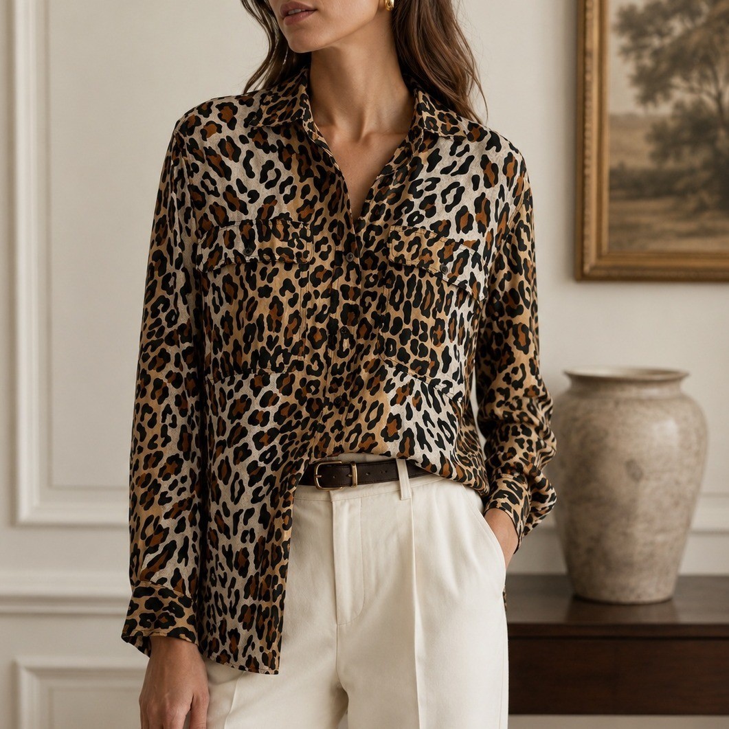 Lasoie Button Down Shirt Leopard 100% Silk S Safari Long Sleeve Blouse Vintage