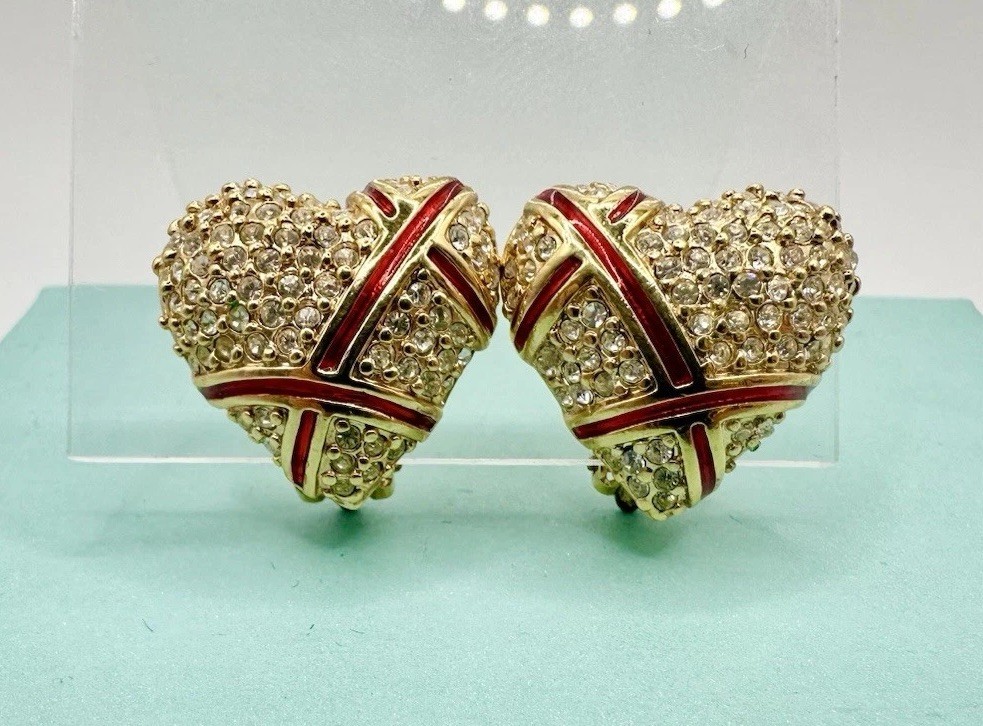 VTG GARNAY Signed Crystal Red Gold tone Gift Heart Shape Clip Earrings Read